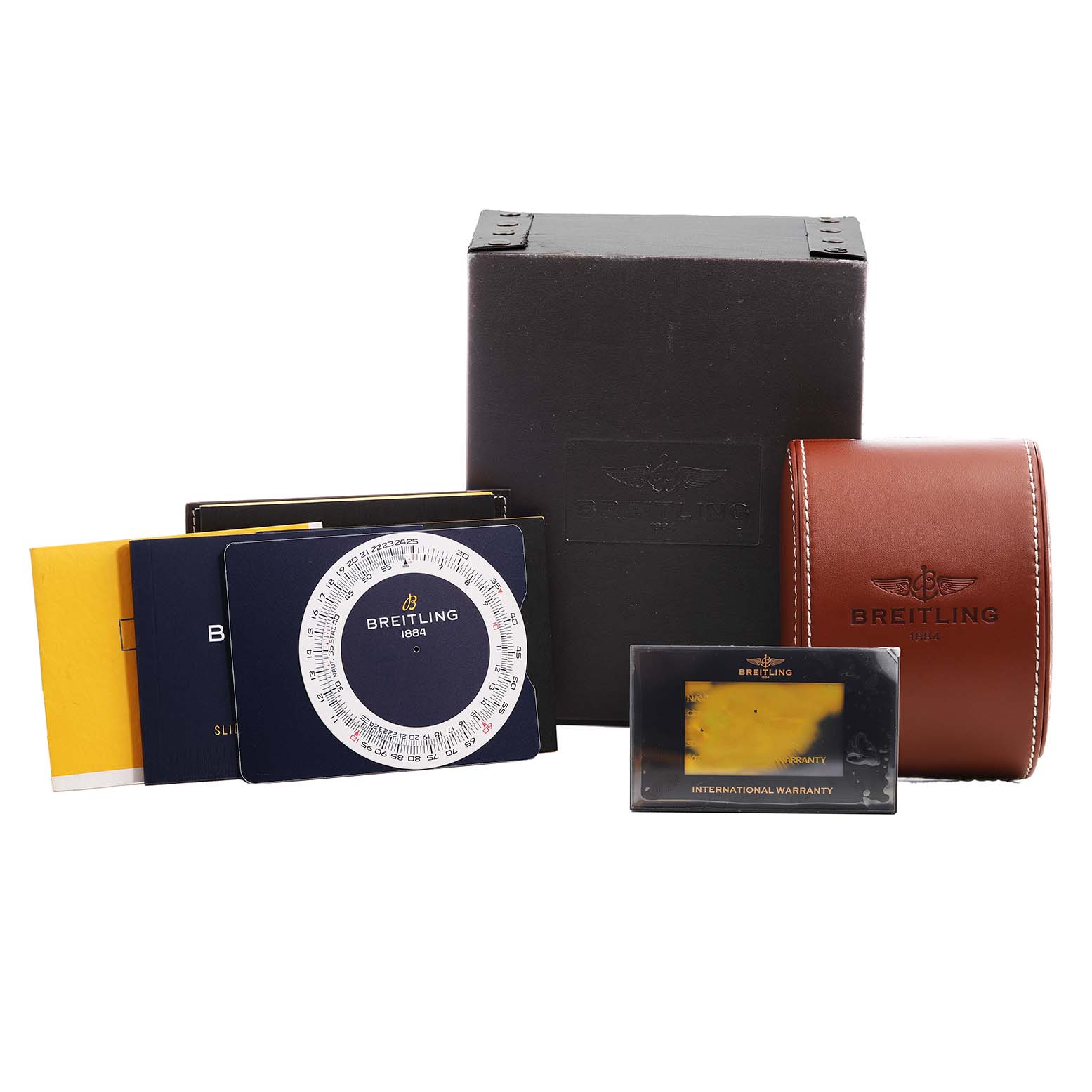 The image shows a Breitling Navitimer UB0121 Men's Stainless Steel Grey Dial package with a box, documentation, and leather case, shot from the front.