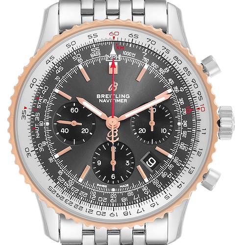 The Breitling Navitimer UB0121 Men's Stainless Steel Grey Dial is shown from a front angle, highlighting its face, bezel, and bracelet.