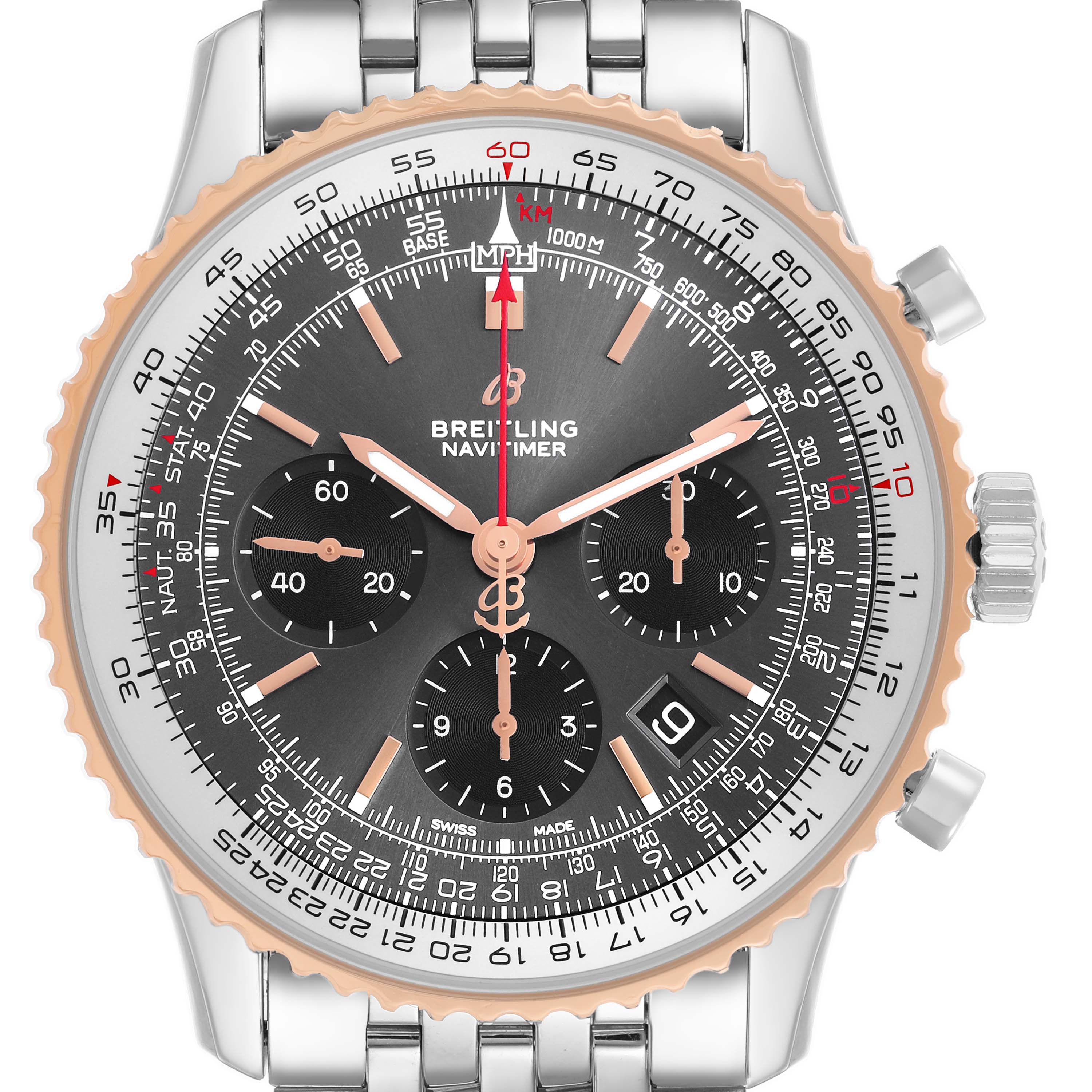 The Breitling Navitimer UB0121 Men's Stainless Steel Grey Dial watch is shown from a front angle, displaying its bezel, chronograph dials, and bracelet.