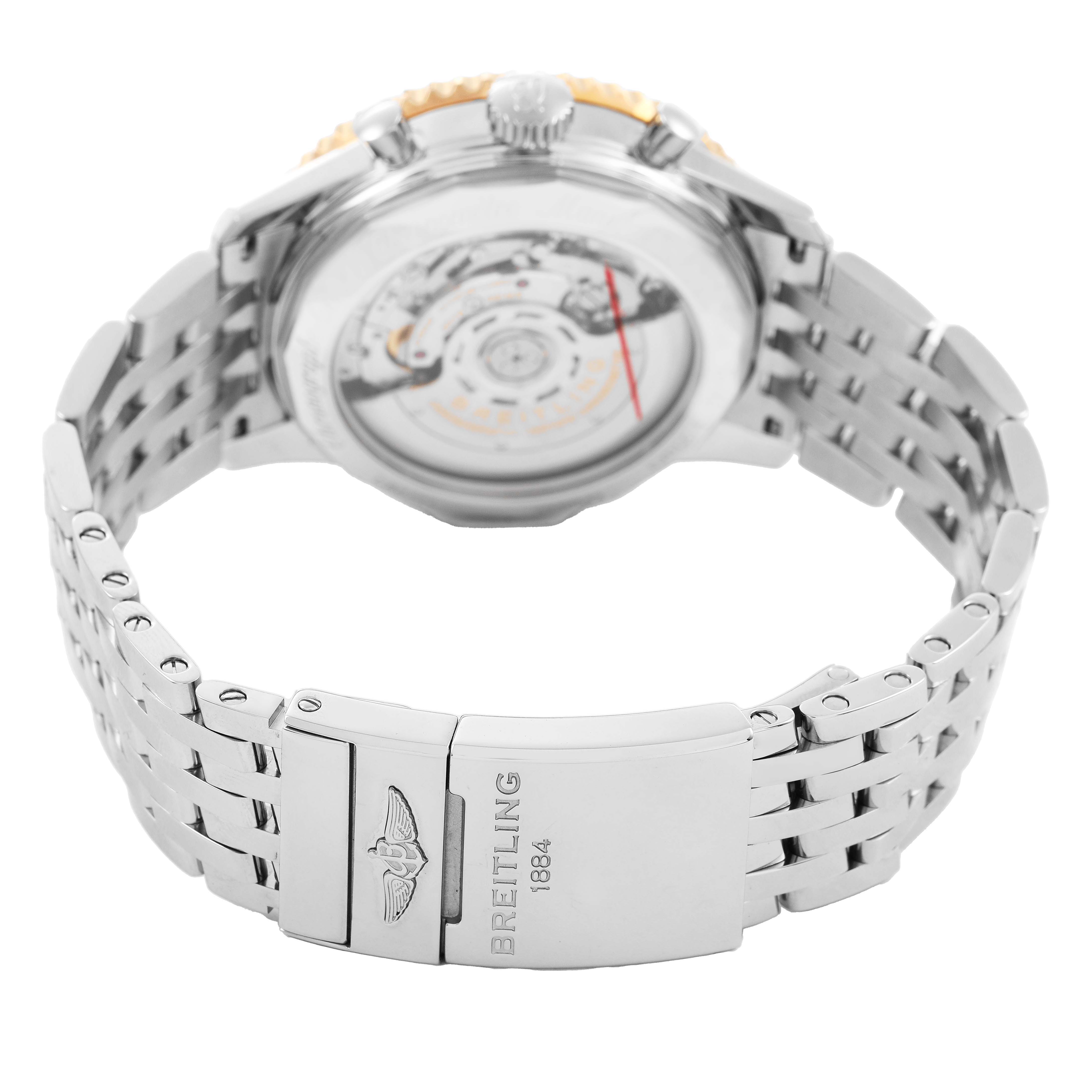 The image shows the back and bracelet clasp of a Breitling Navitimer UB0121 Men's Stainless Steel Grey Dial watch, highlighting the case back and stainless steel strap.
