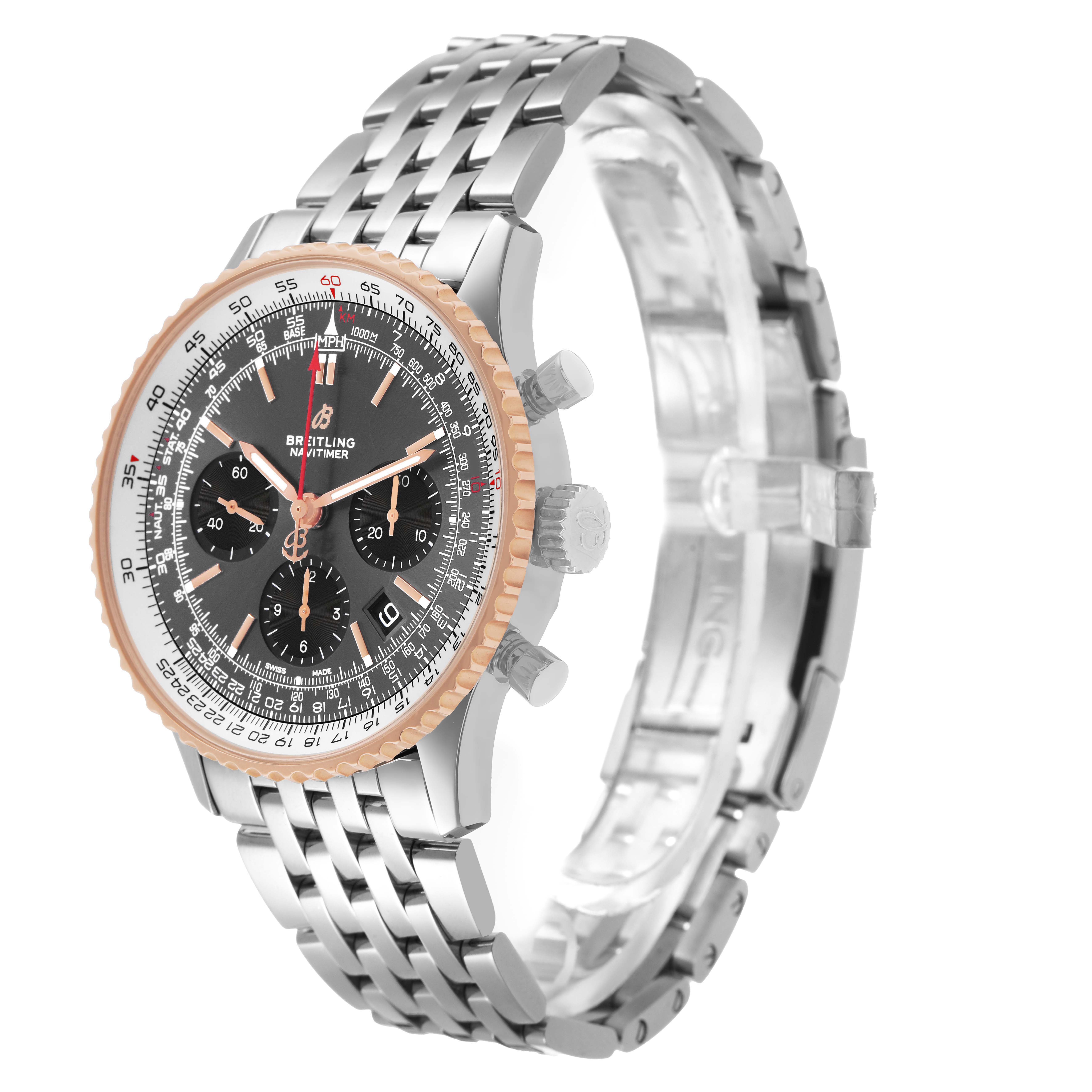 The Breitling Navitimer UB0121 Men's Stainless Steel Grey Dial watch is shown at a slight side angle, highlighting its face, bezel, pushers, and metal bracelet.