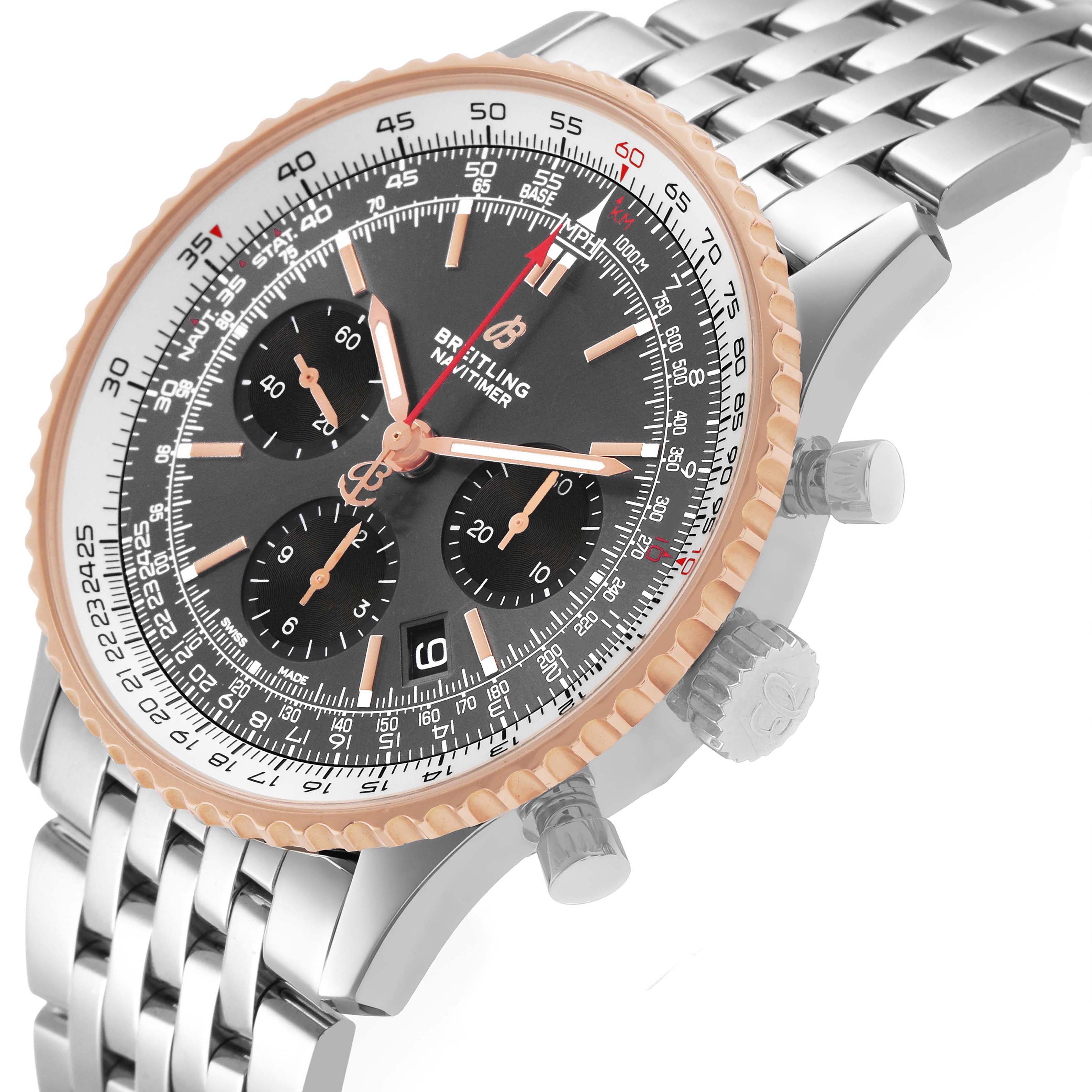 The Breitling Navitimer UB0121 Men's Stainless Steel Grey Dial watch is shown at a three-quarter angle, highlighting the face, bezel, crown, and bracelet.