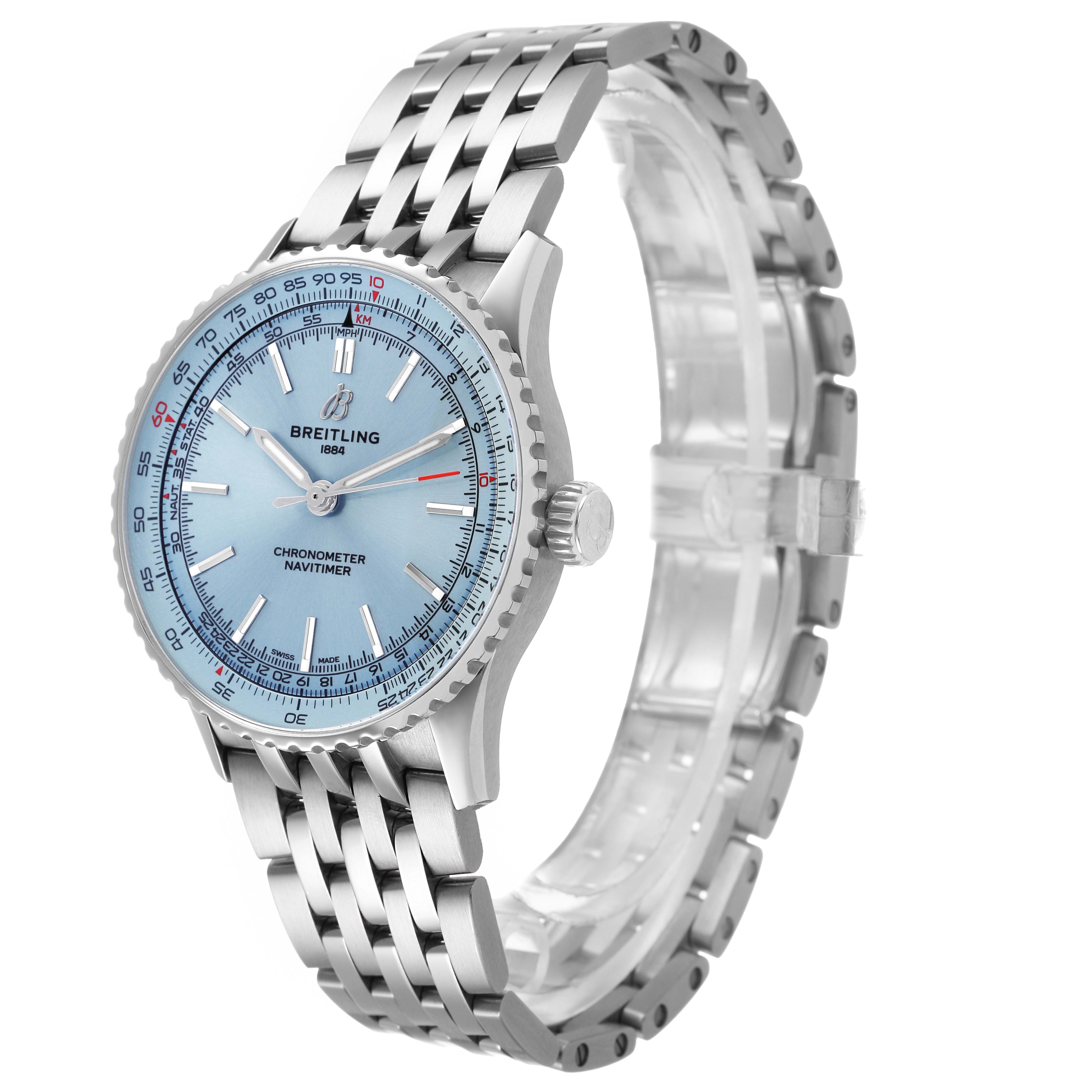 The Breitling Navitimer A17329 Men's Stainless Steel Blue Dial watch is shown from a side angle, highlighting its face, bezel, crown, and metal bracelet.