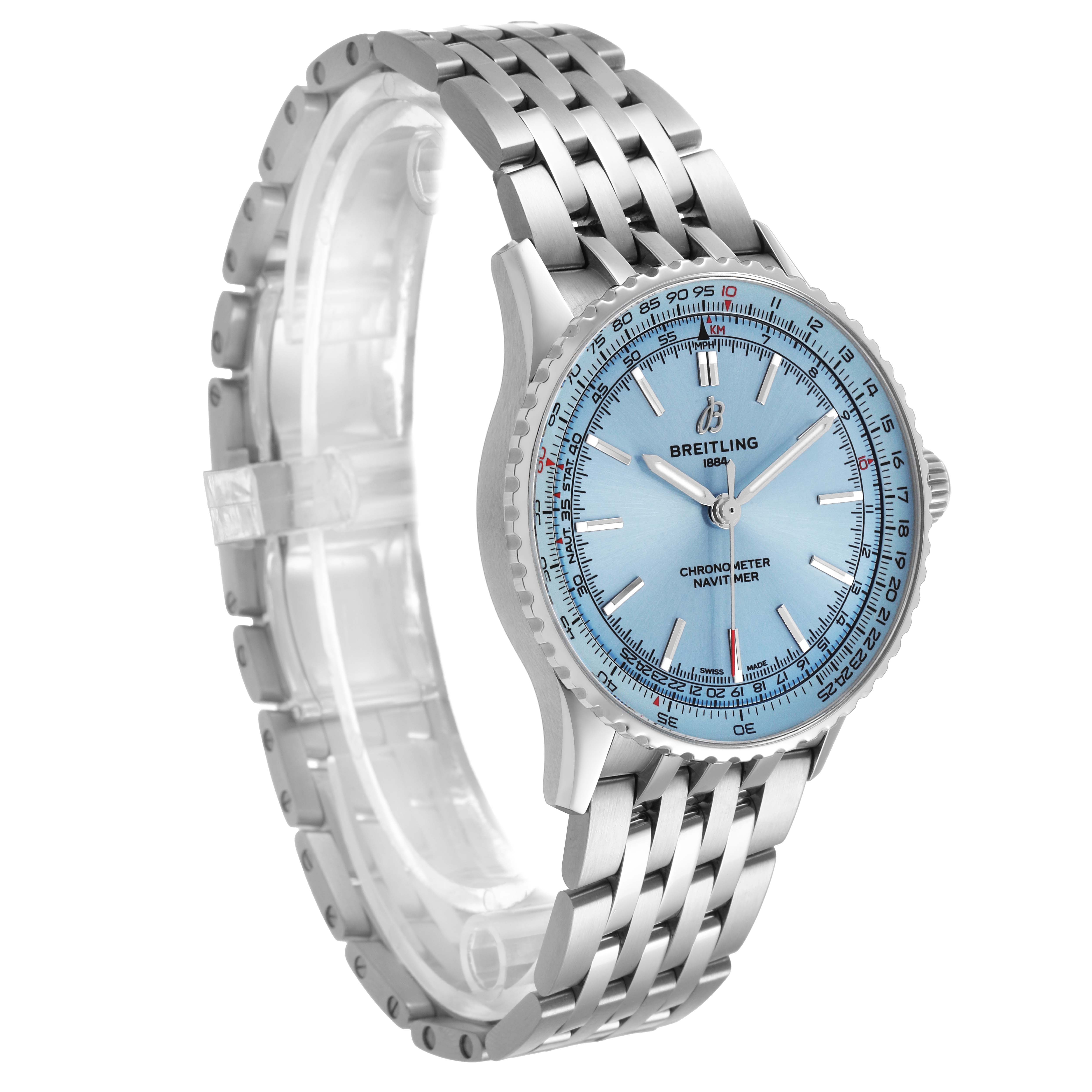 The Breitling Navitimer A17329 Men's Stainless Steel Blue Dial watch is shown at a front-left angle, highlighting the dial, bezel, and metal bracelet.
