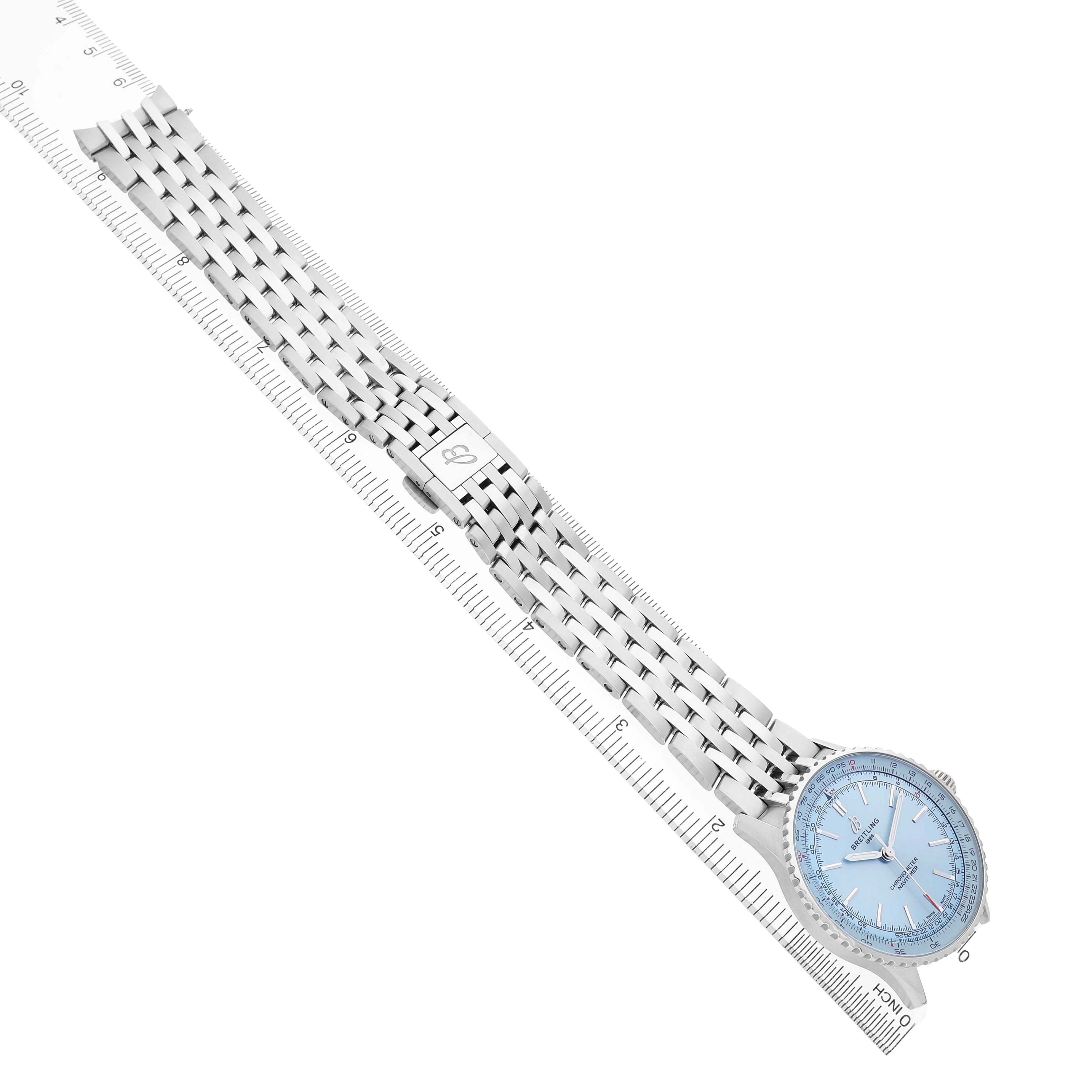 The Breitling Navitimer A17329 Men's Stainless Steel Blue Dial watch is shown at an angle, displaying the full face, bracelet, and clasp on a diagonal measurement.