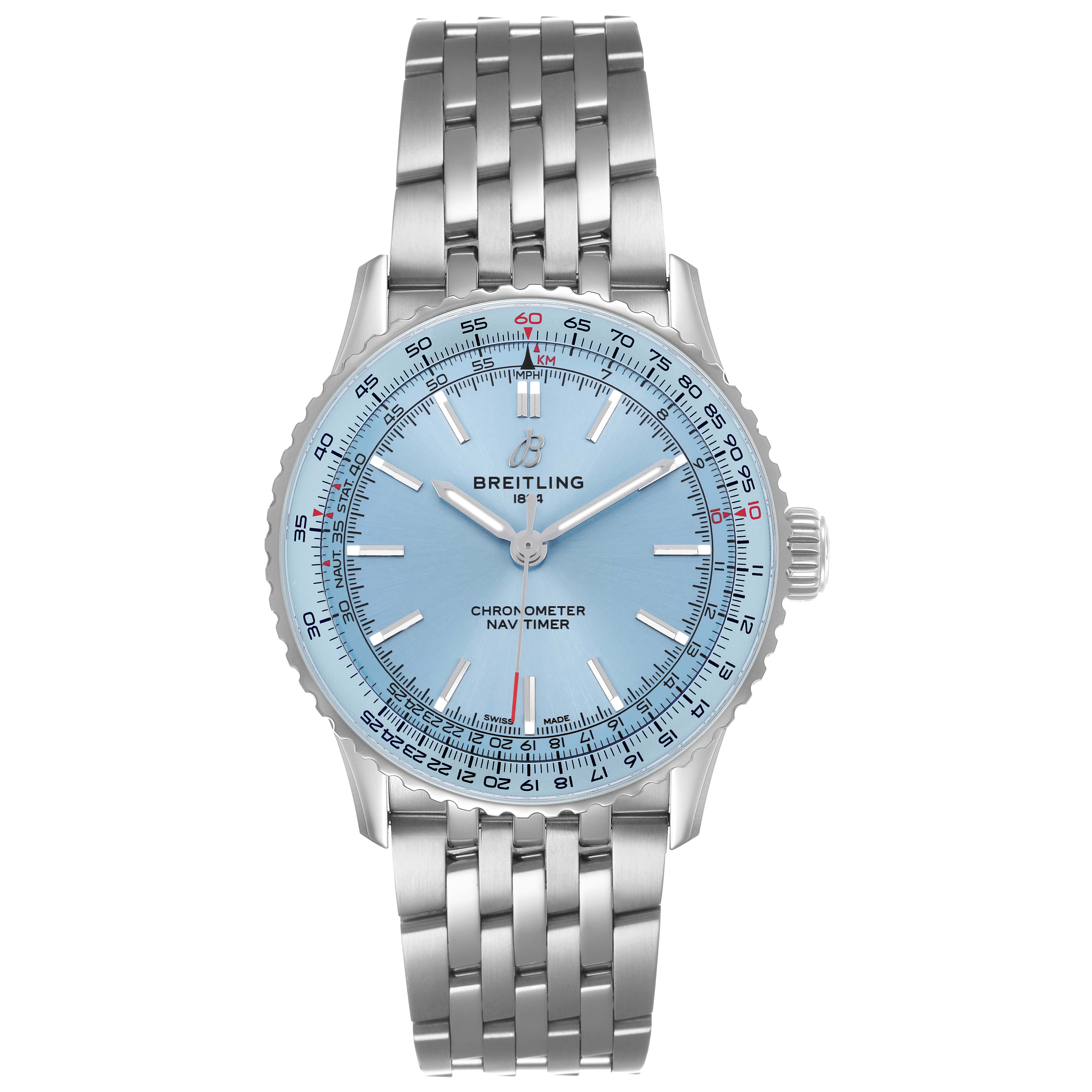 The Breitling Navitimer A17329 Men's Stainless Steel Blue Dial watch is shown from a front angle, highlighting its blue dial and metal bracelet.