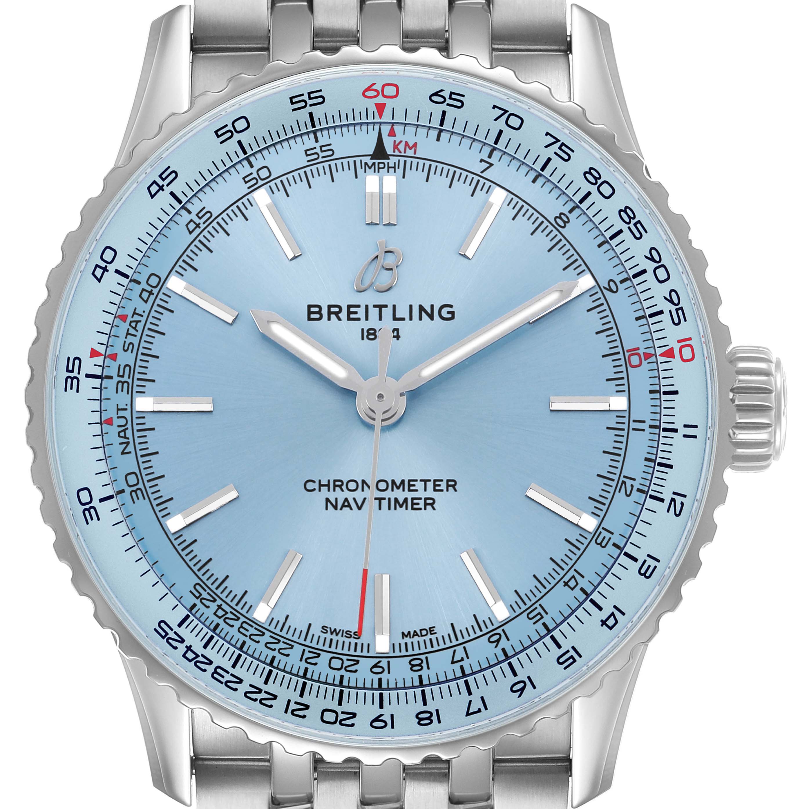 The Breitling Navitimer A17329 Men's Stainless Steel Blue Dial watch is shown from a top-down angle, highlighting the dial, bezel, and stainless steel bracelet.