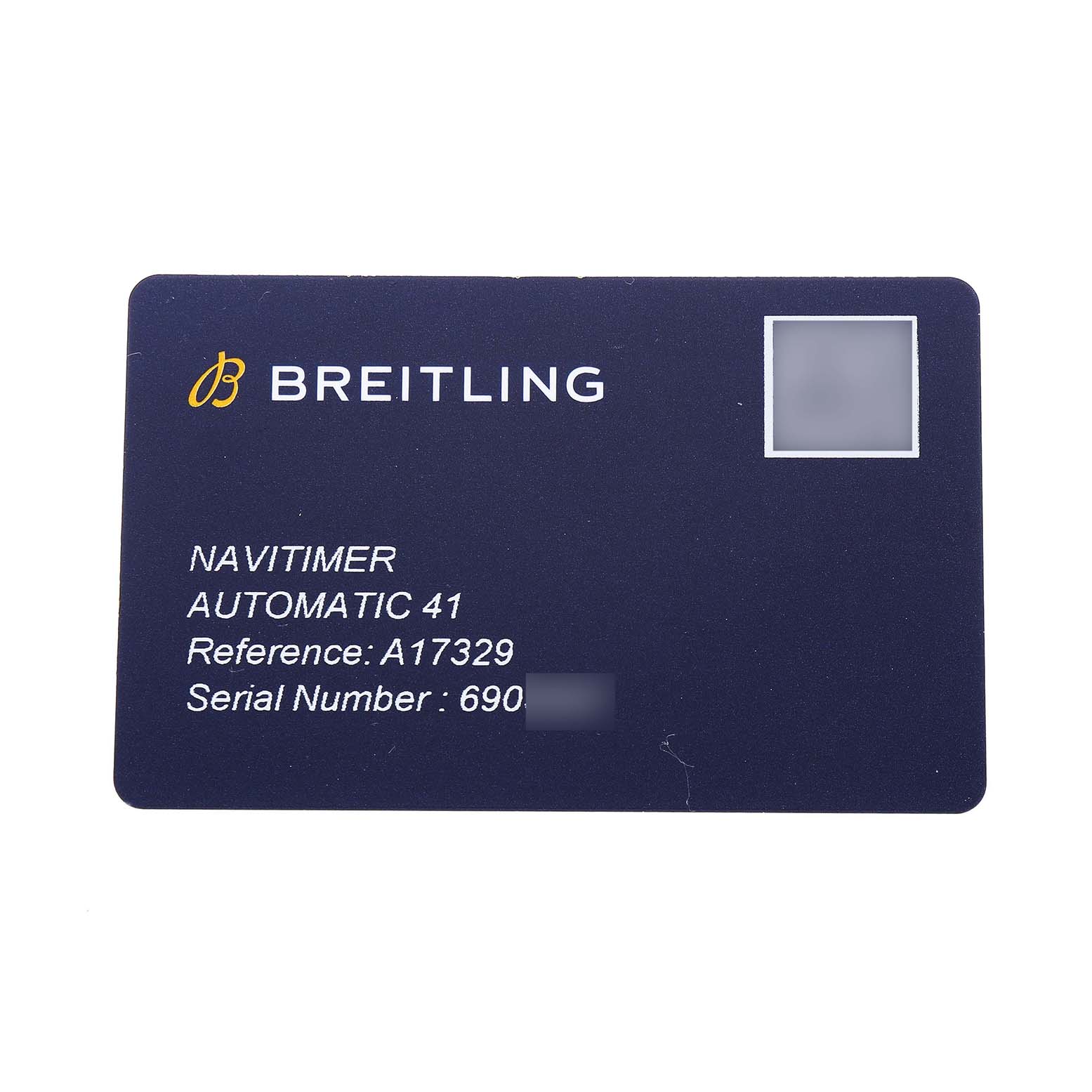 The image shows a warranty card for the Breitling Navitimer A17329 Men's Stainless Steel Blue Dial Automatic 41, displaying its reference and serial numbers.