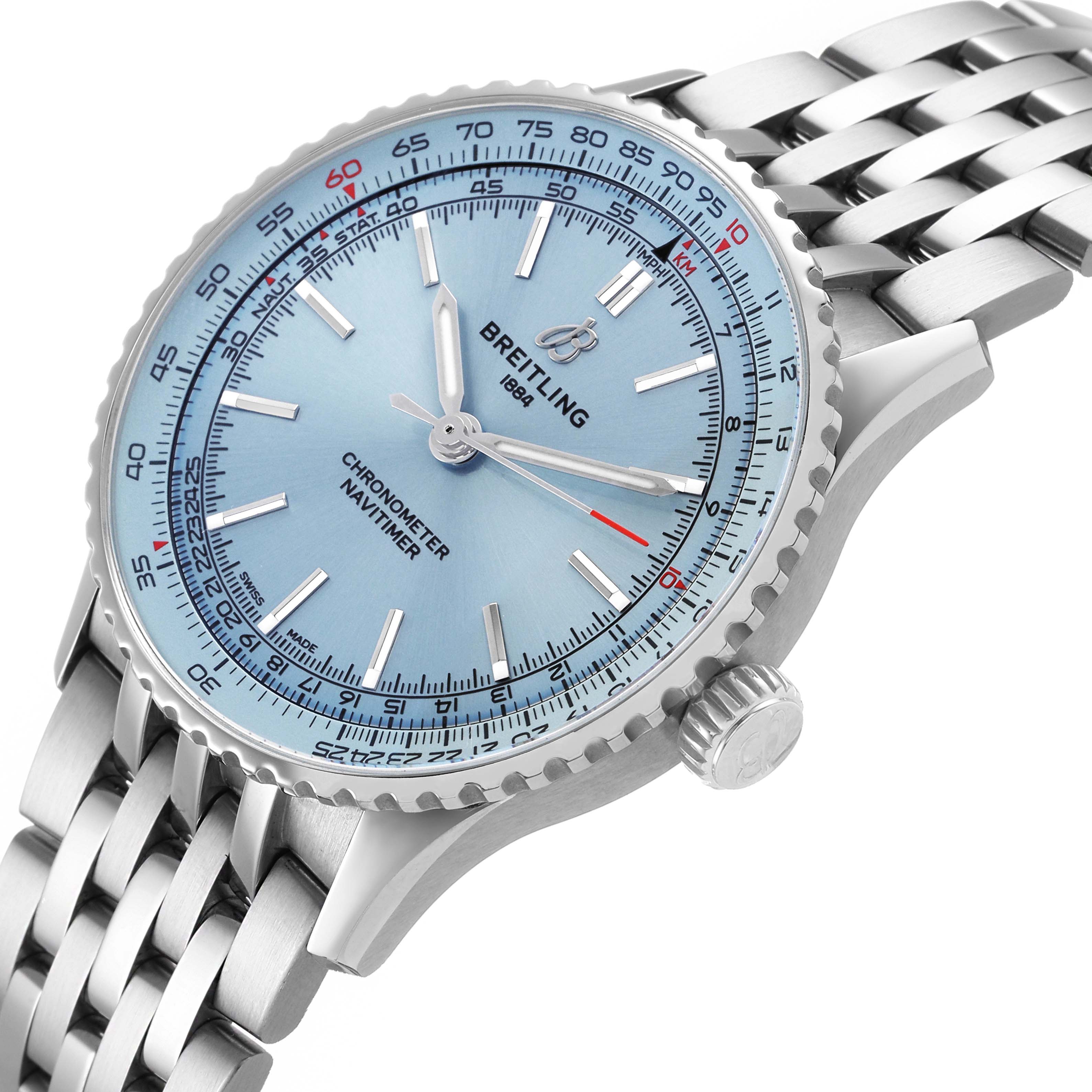 The Breitling Navitimer A17329 Men's Stainless Steel Blue Dial watch is shown at an angled side view, displaying the face, bezel, crown, and metal bracelet.