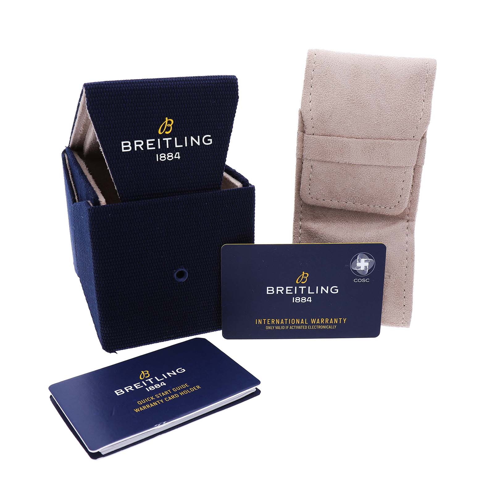The image shows a Breitling Navitimer A17329 Men's Stainless Steel Blue Dial watch box, a travel pouch, and warranty cards from a front angle.