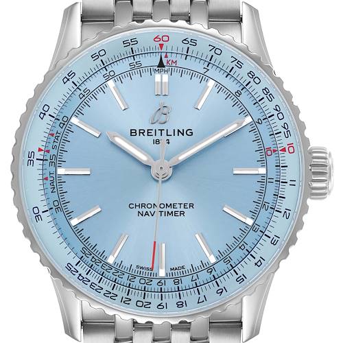 The Breitling Navitimer A17329 Men's Stainless Steel Blue Dial watch is shown from a top-down angle, displaying the full face and metal bracelet.