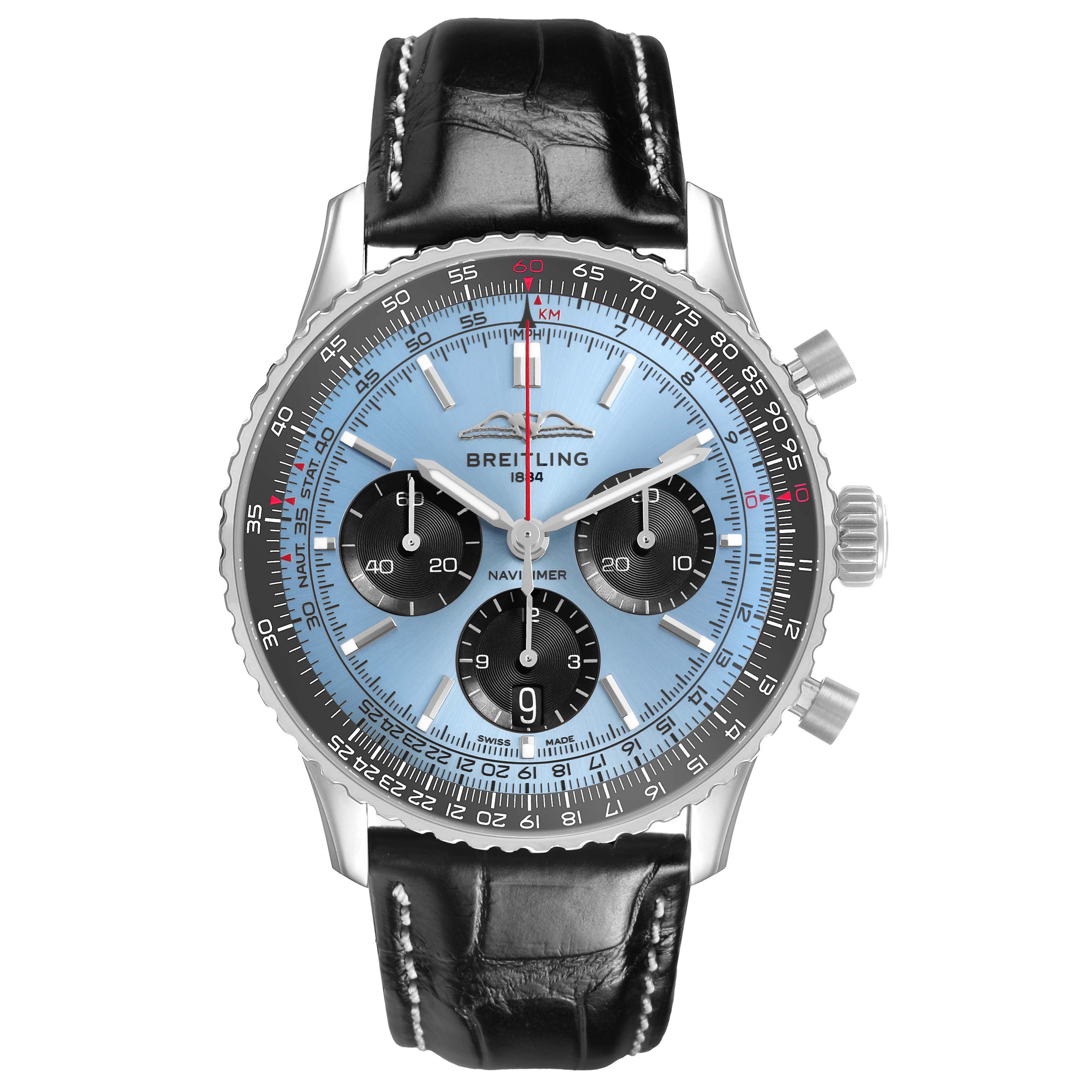 The Breitling Navitimer AB0138 Men's Stainless Steel Blue Dial watch is shown from a front angle, displaying the dial, bezel, and strap.