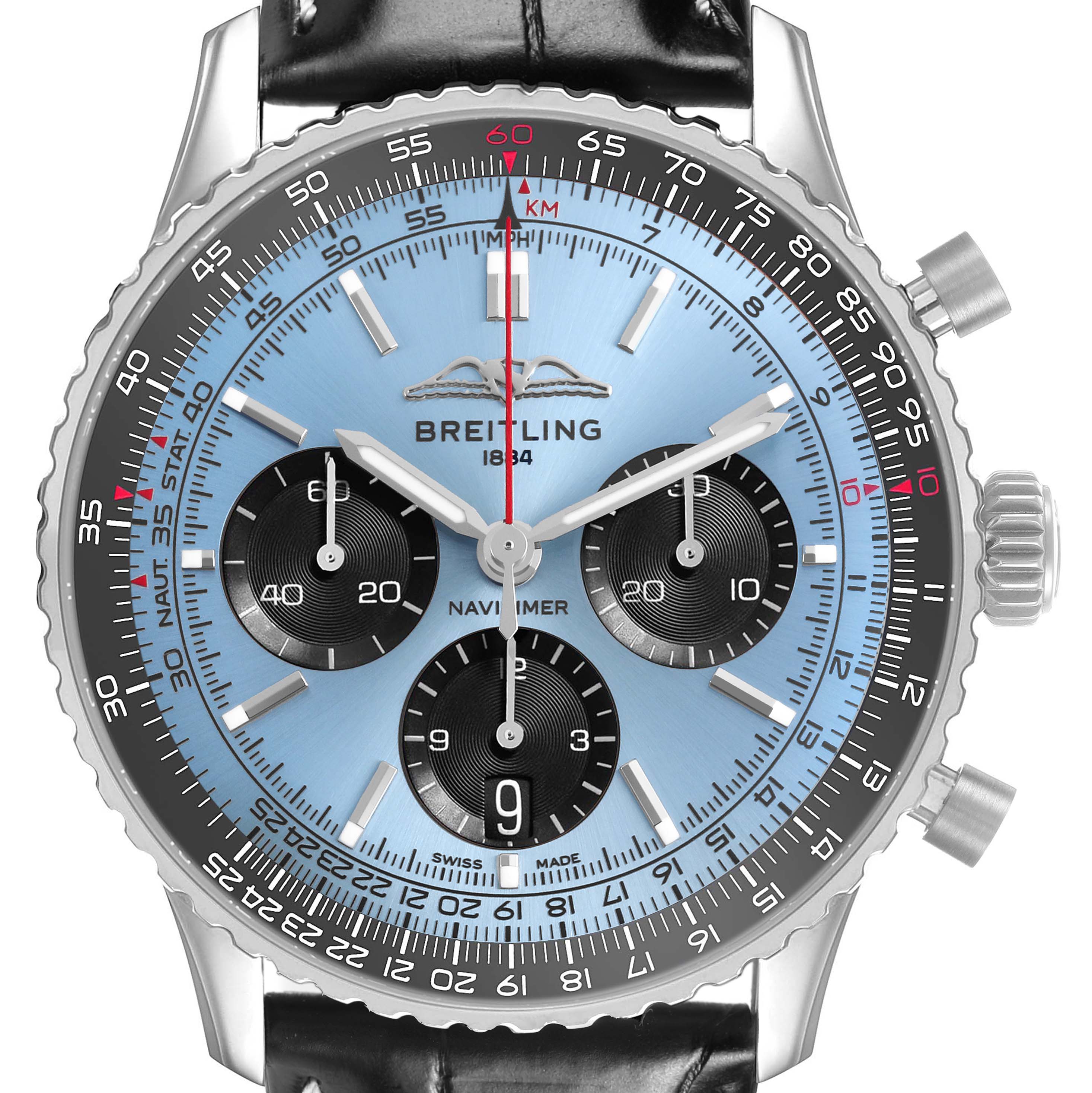 The Breitling Navitimer AB0138 Men's Stainless Steel Blue Dial watch is shown from the front, displaying the dial, subdials, bezel, and crown.