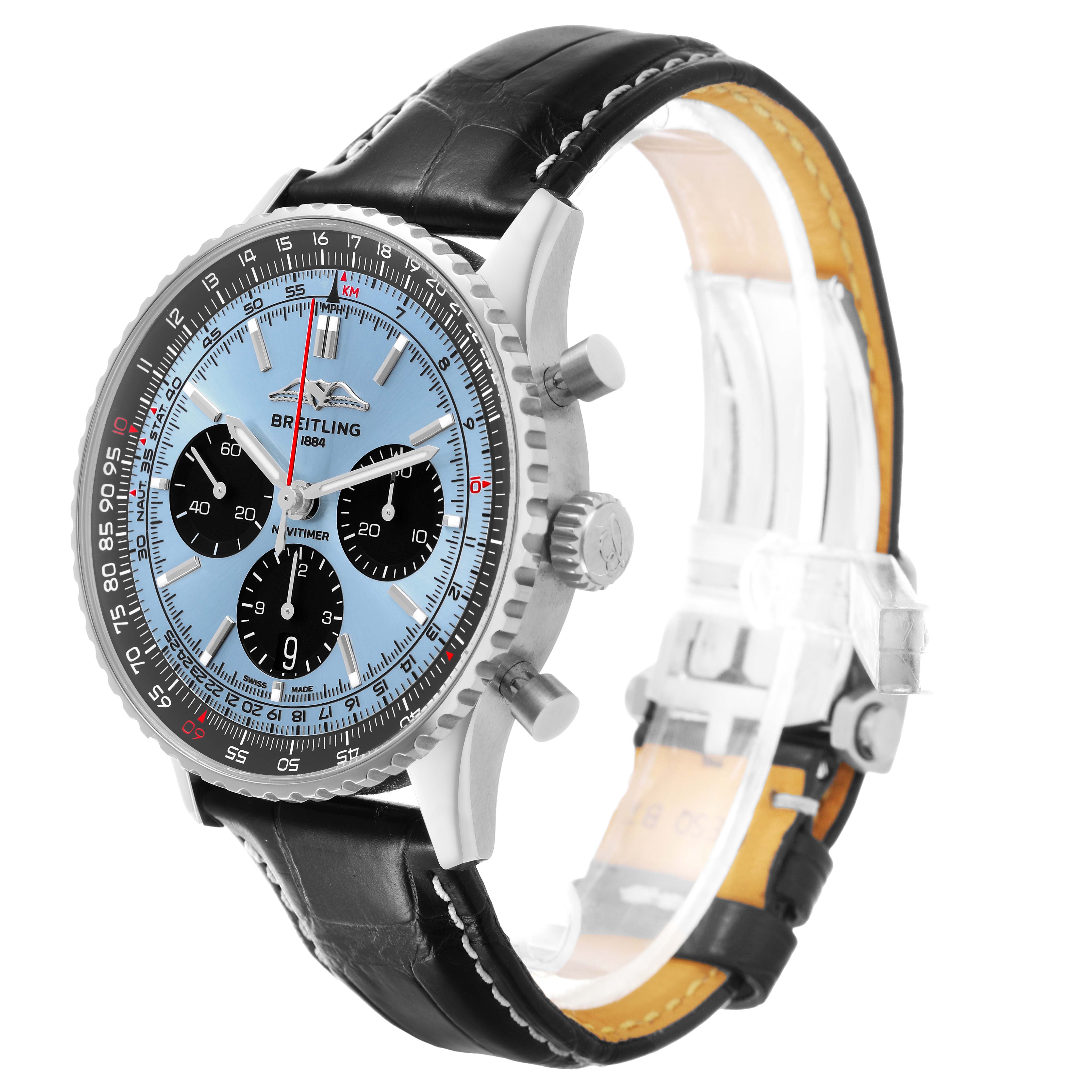 The Breitling Navitimer AB0138 Men's Stainless Steel Blue Dial watch is shown at a three-quarter angle, displaying the face, bezel, crown, pushers, and leather strap.