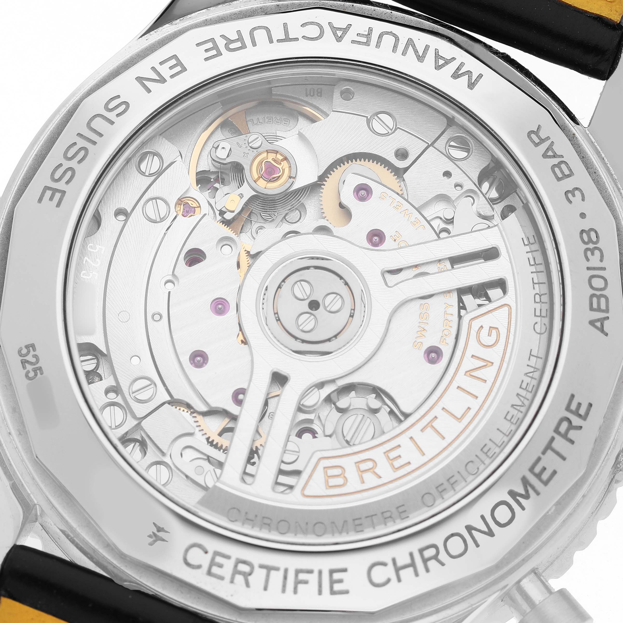The image shows the back of a Breitling Navitimer AB0138 Men's Stainless Steel Blue Dial watch, highlighting the intricate internal movement through a transparent case back.