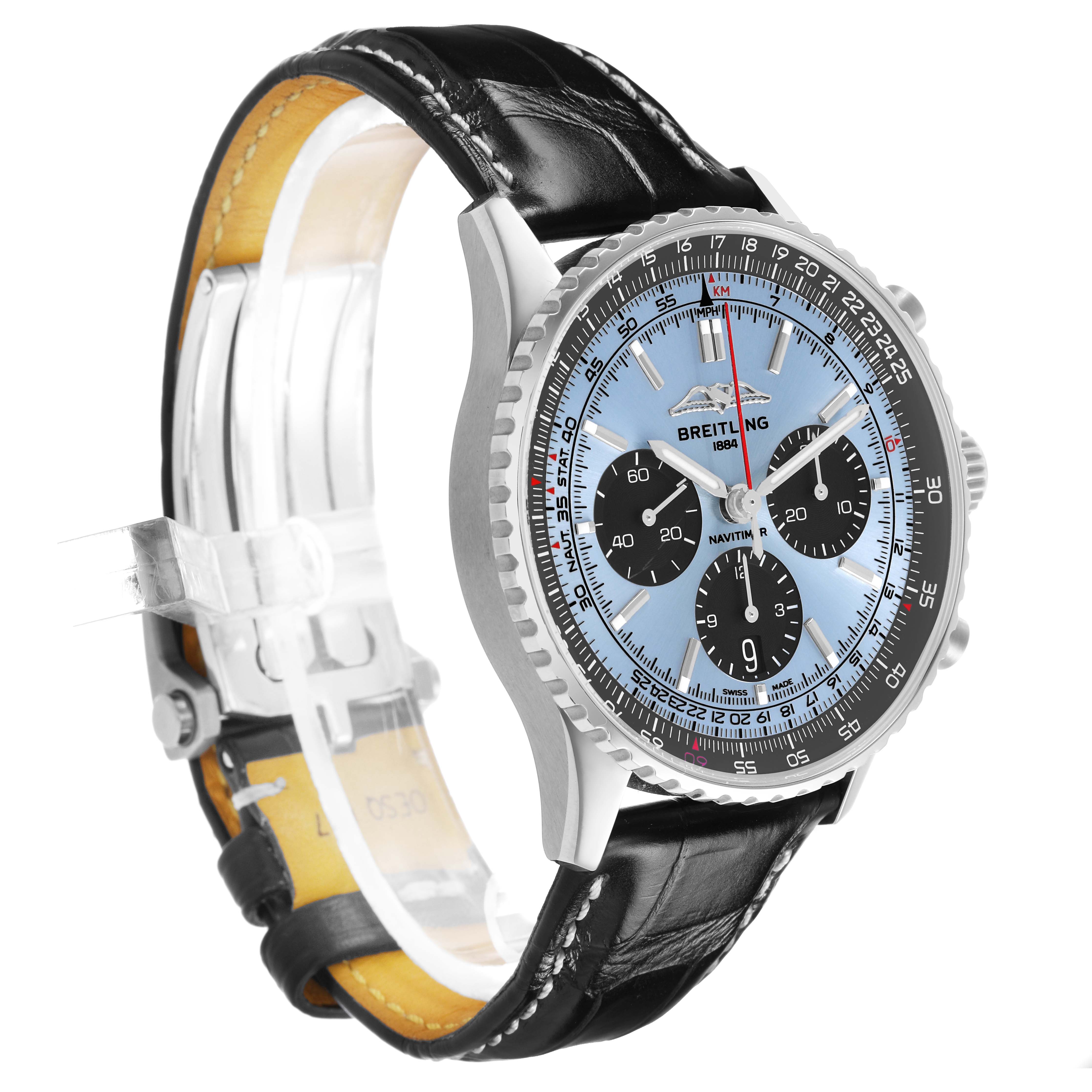 The Breitling Navitimer AB0138 Men's Stainless Steel Blue Dial watch is shown at a three-quarter angle, displaying the dial, bezel, side profile, and leather strap.