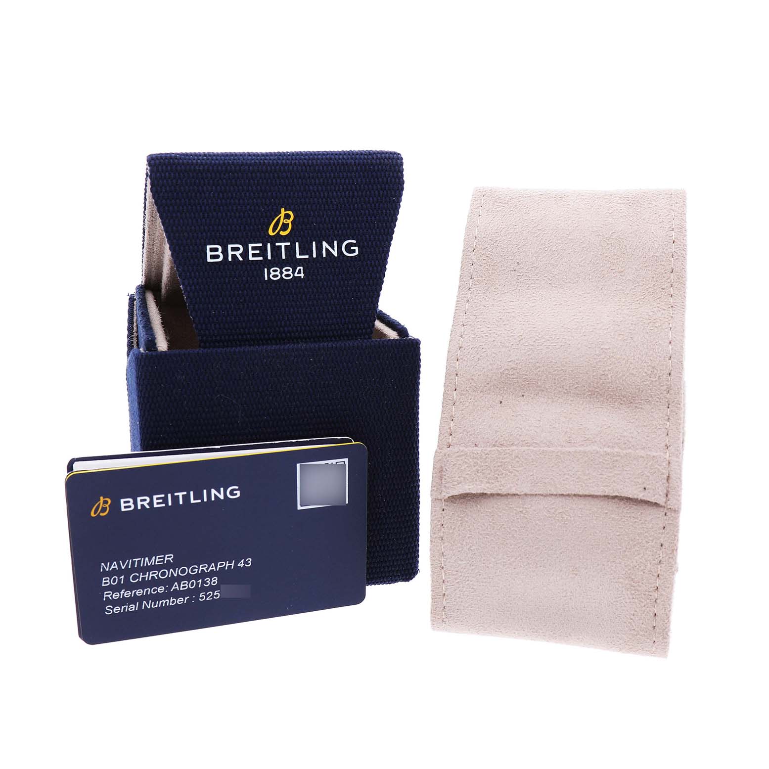 The image shows a box, pouch, and card for the Breitling Navitimer AB0138 Men's Stainless Steel Blue Dial model, viewed from the front.
