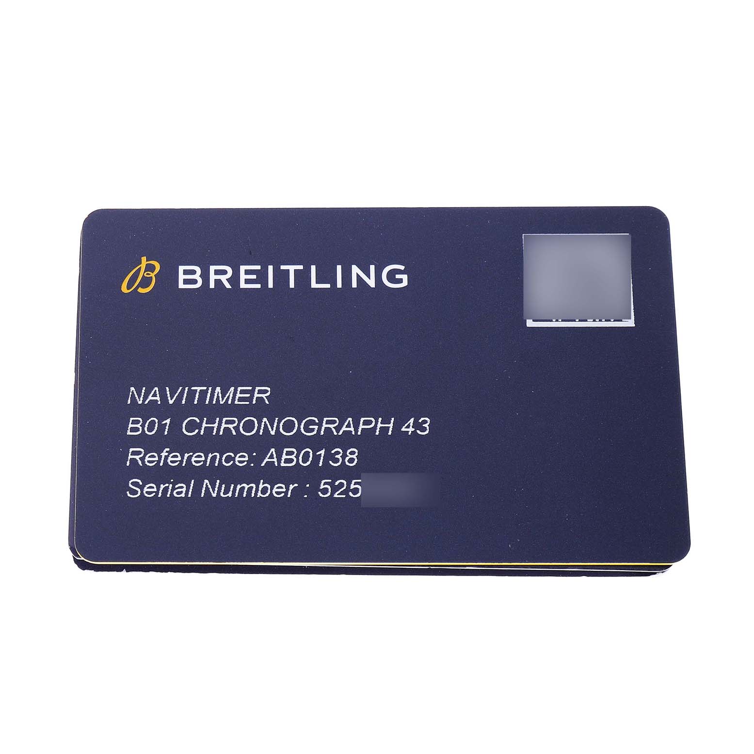 The image shows a Breitling Navitimer AB0138 Men's Stainless Steel Blue Dial B01 Chronograph 43 card with reference and serial numbers.