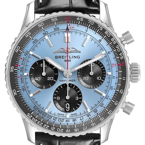 The Breitling Navitimer AB0138 Men's Stainless Steel Blue Dial watch is shown from a frontal angle, highlighting its dial, subdials, bezel, and crown.
