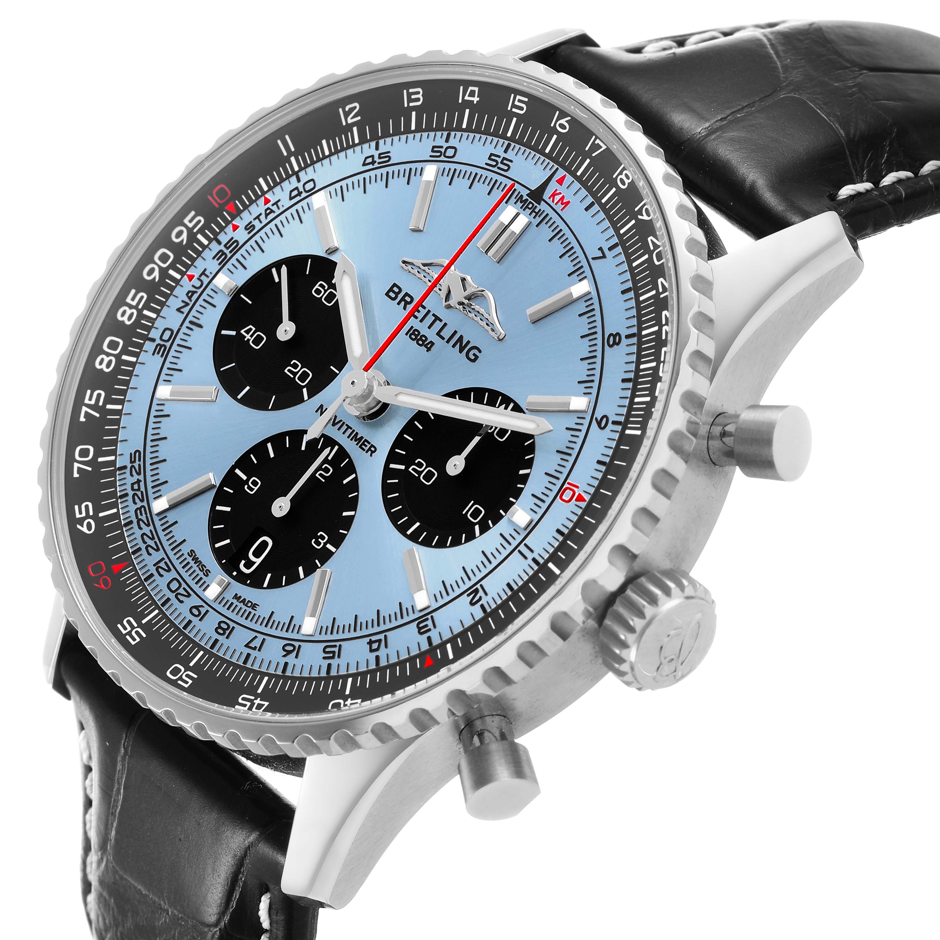 The Breitling Navitimer AB0138 Men's Stainless Steel Blue Dial watch is shown at an angled side view, highlighting the bezel, crown, pushers, and a part of the leather strap.