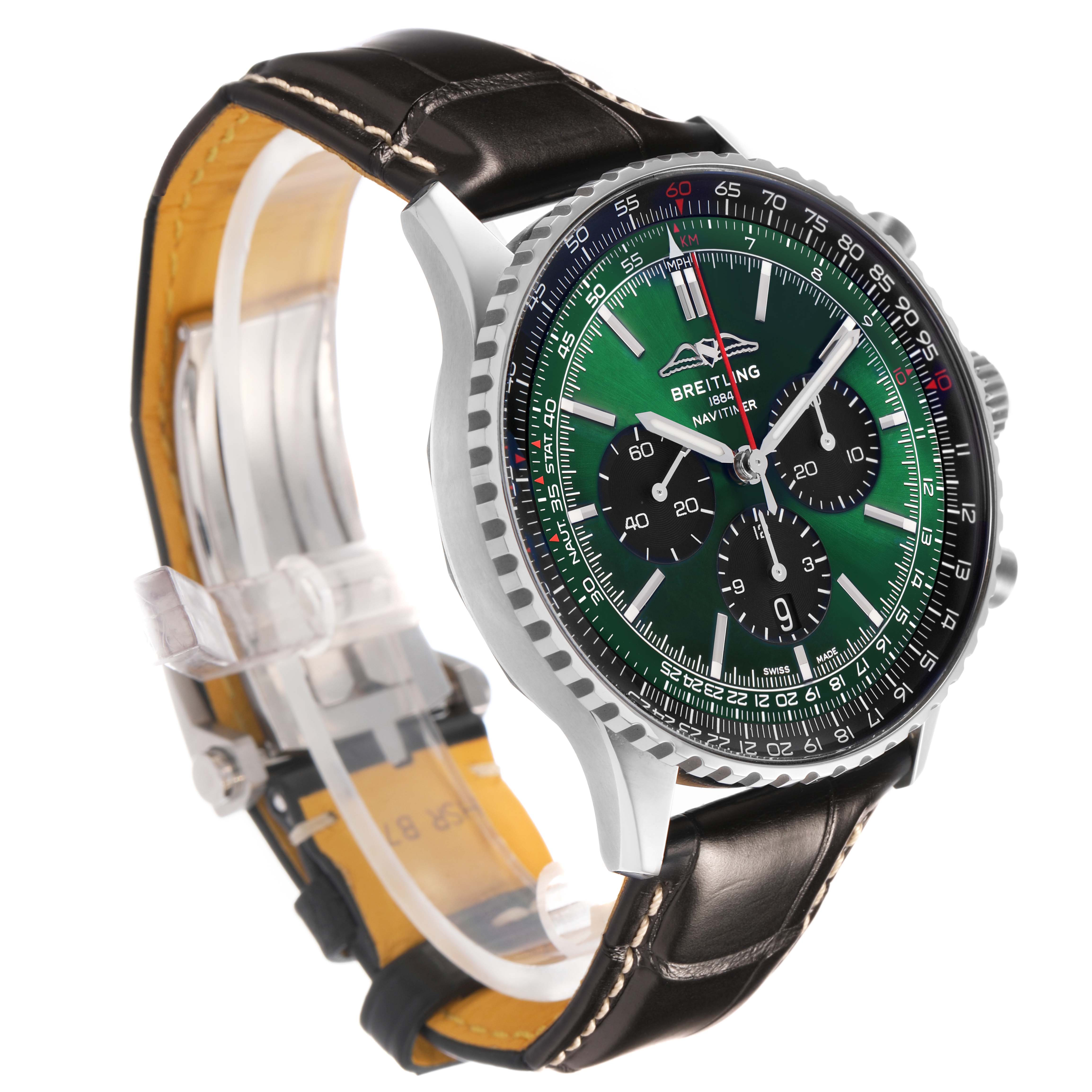 The image shows a Breitling Navitimer AB0137 Men's Stainless Steel Green Dial watch from a front angle, highlighting the green dial, bezel, and leather strap.