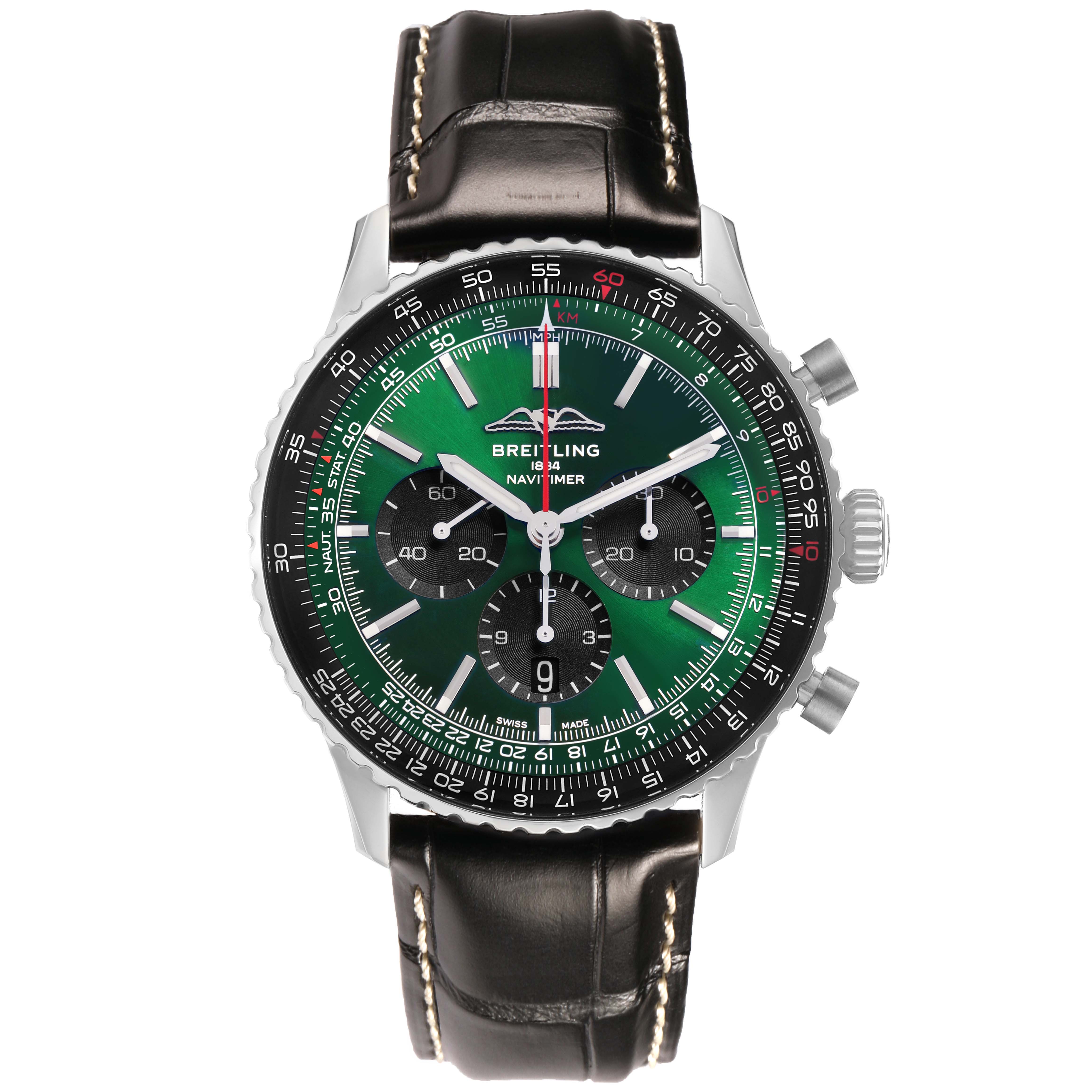 The Breitling Navitimer AB0137 Men's Stainless Steel Green Dial watch is shown from a front angle, displaying its green dial, subdials, and leather strap.
