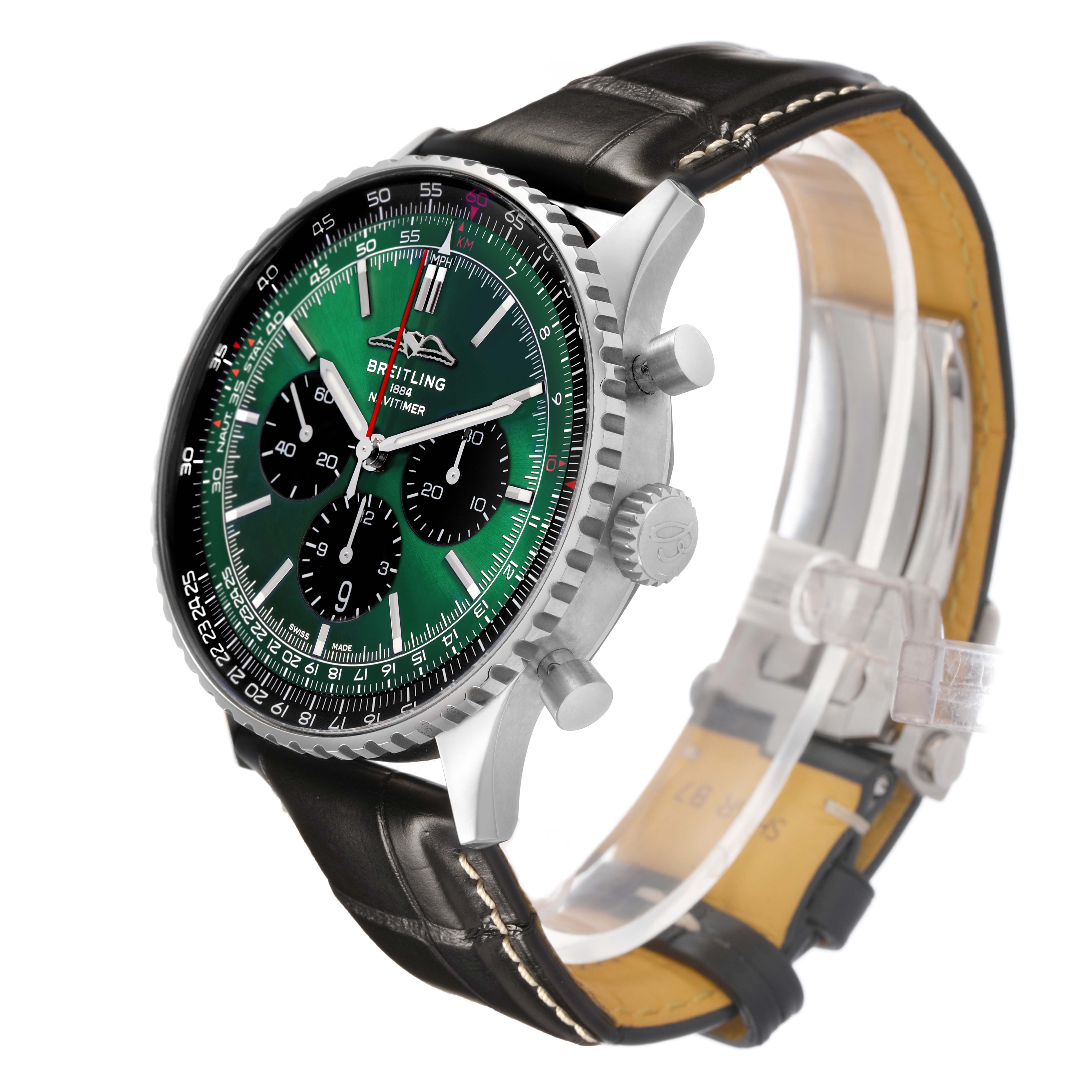 The Breitling Navitimer AB0137 Men's Stainless Steel Green Dial watch is shown at a slight angle, highlighting the face, bezel, crown, and part of the leather strap.