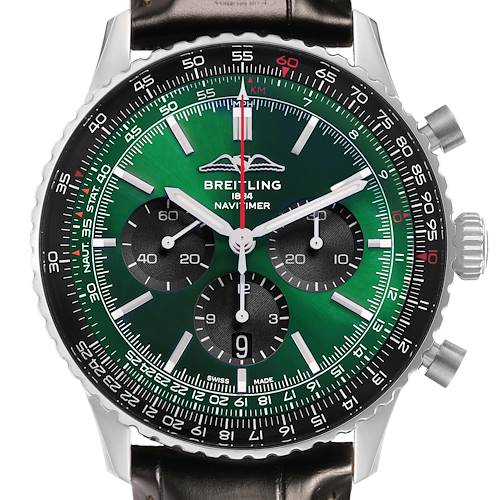 The Breitling Navitimer AB0137 Men's Stainless Steel Green Dial watch is shown from a front angle, displaying the dial, bezel, crown, and pushers.