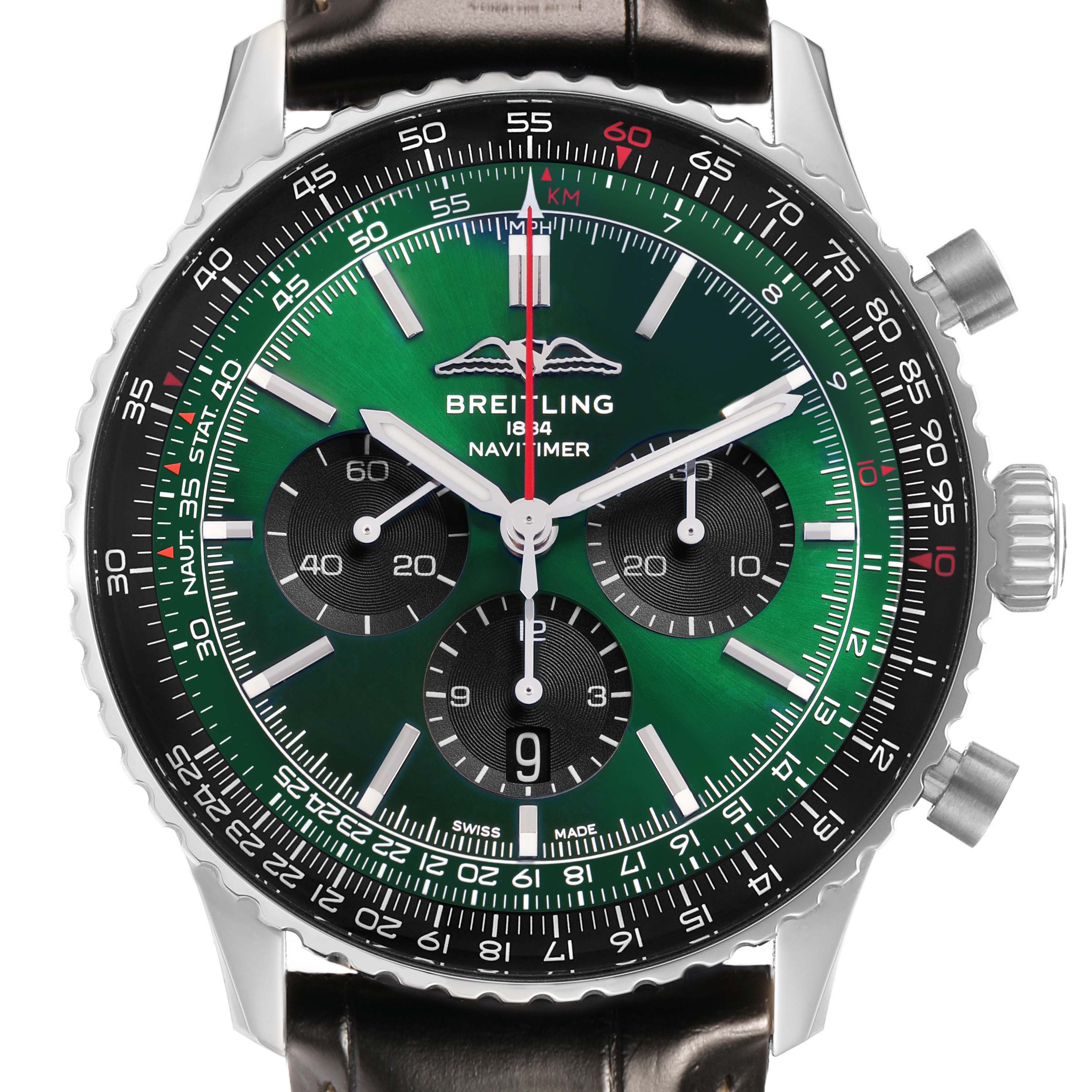 The Breitling Navitimer AB0137 Men's Stainless Steel Green Dial watch is shown from the front, featuring its green dial, chronograph subdials, and a black strap.