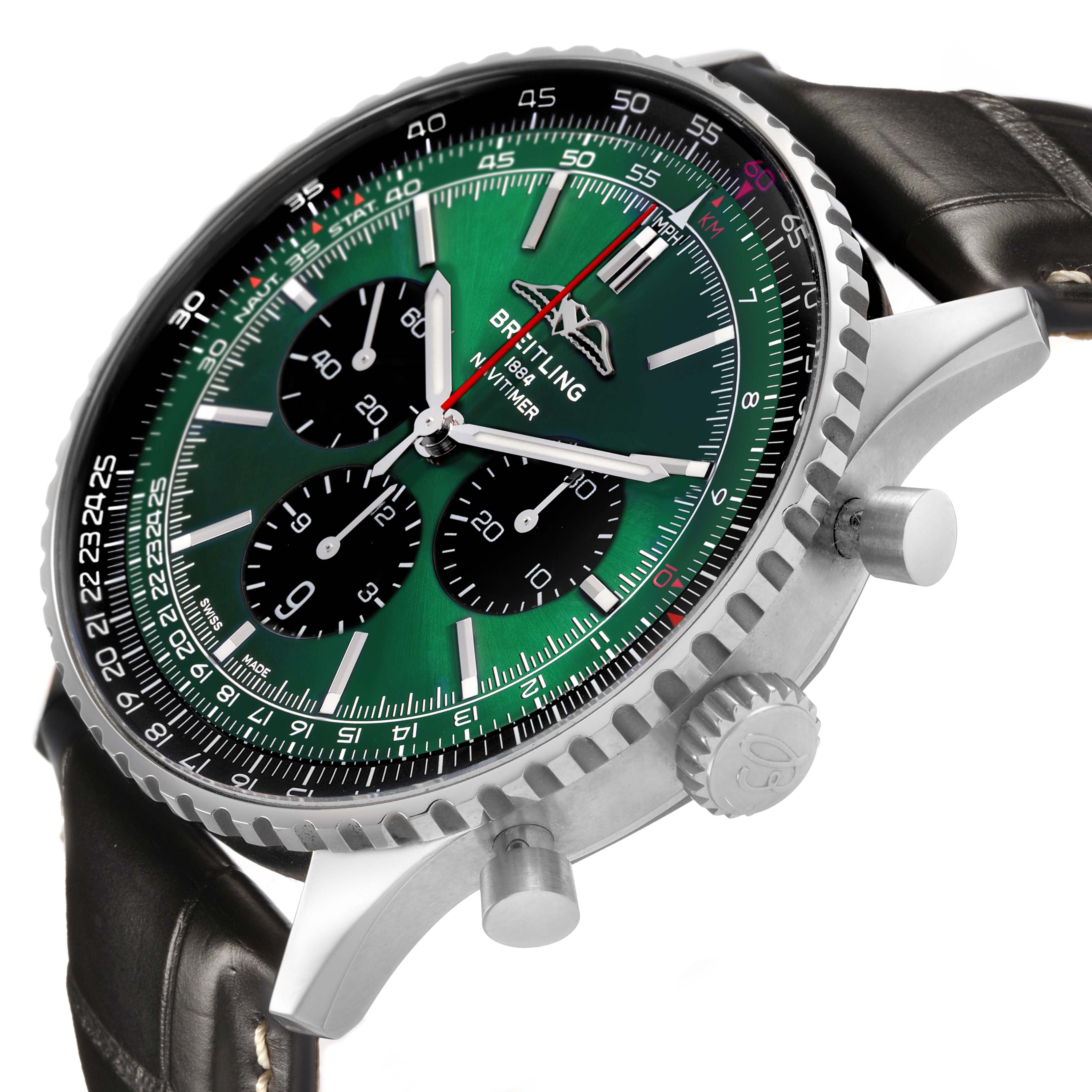 The Breitling Navitimer AB0137 Men's Stainless Steel Green Dial watch is shown from a lower side angle, highlighting the bezel, crown, pushers, and green dial.