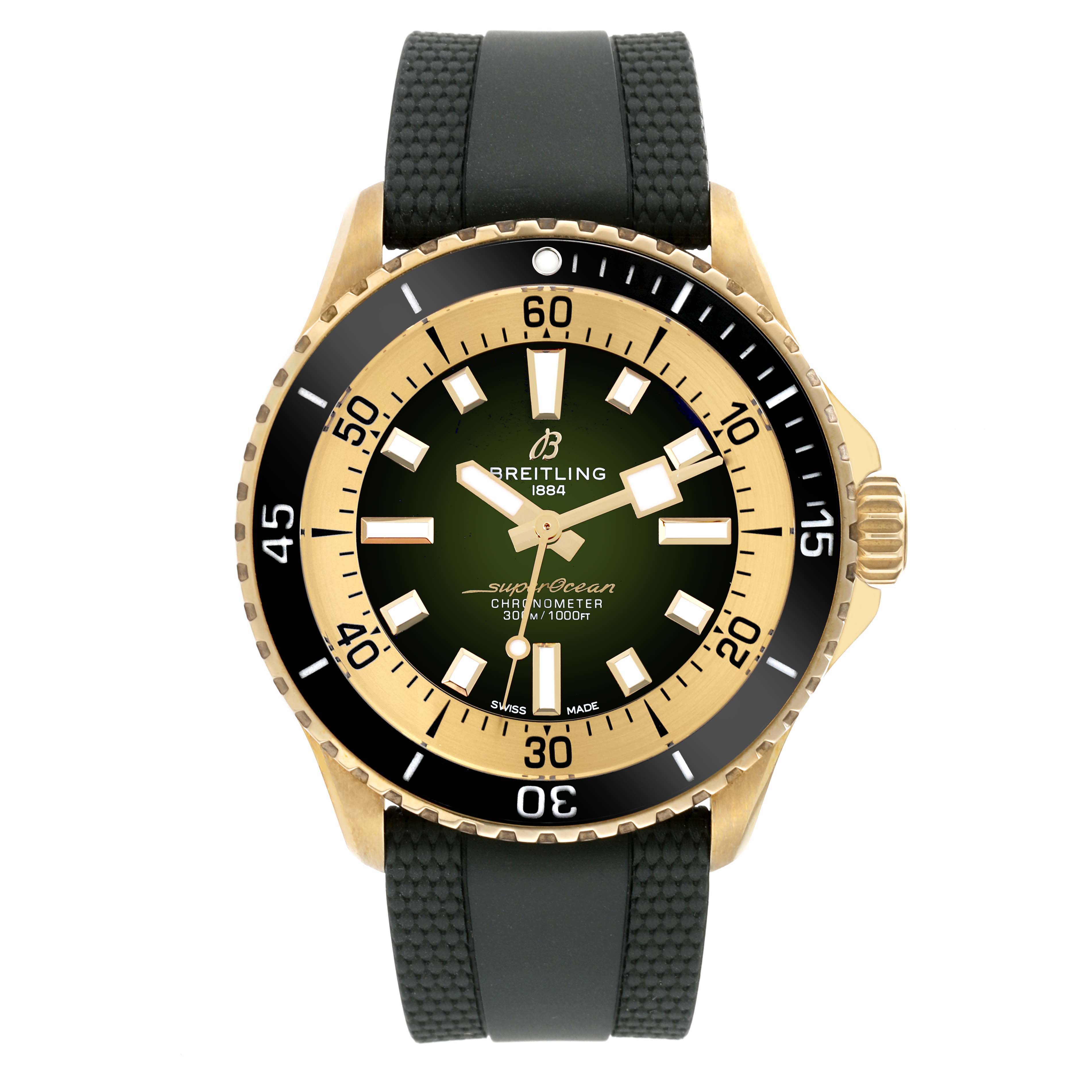 The image shows a frontal view of a Breitling Superocean N17375 Men
s Yellow Gold Green Dial N17375 Men
s Yellow Gold Green Dial watch, highlighting the dial, bezel, and strap.