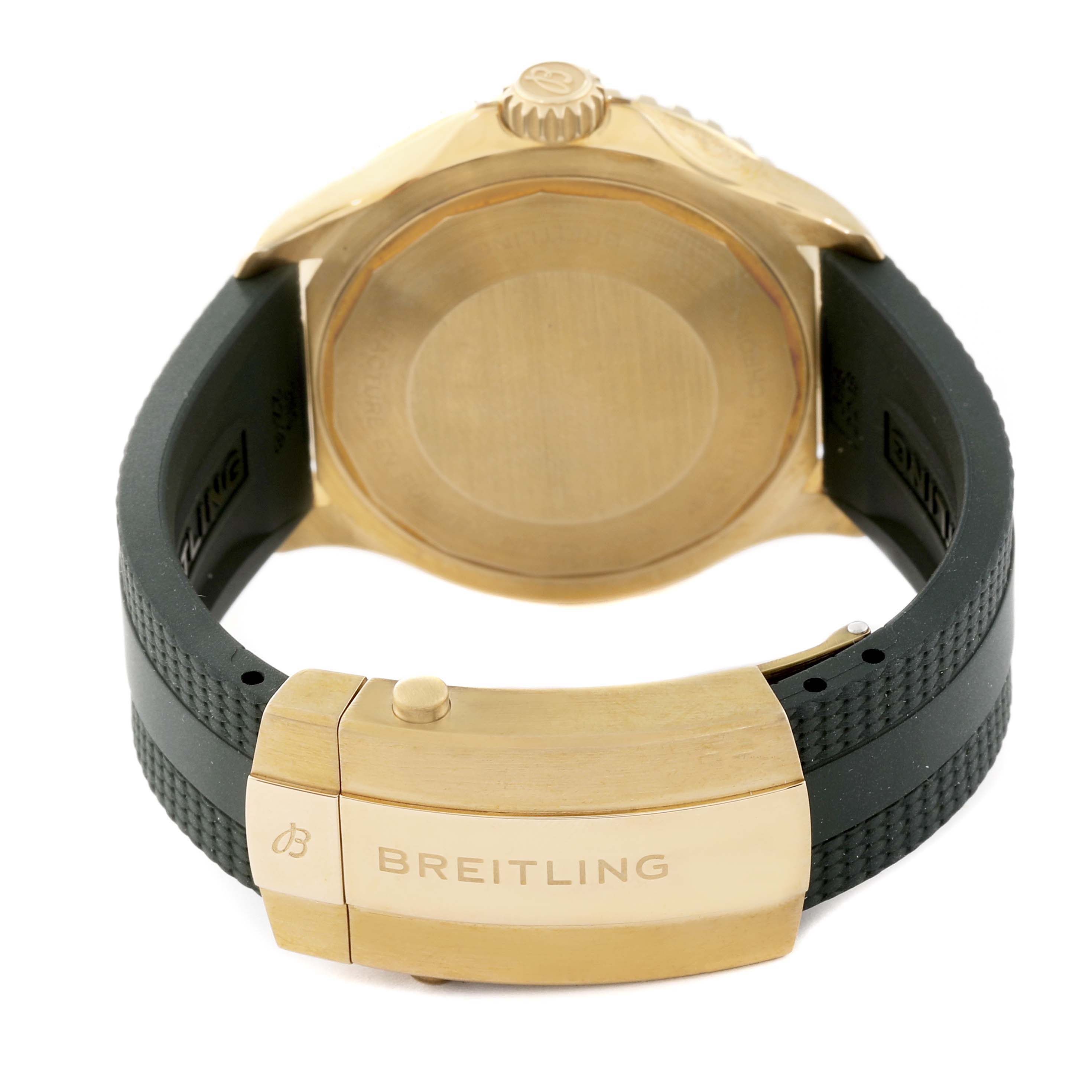 This image shows the back view of a Breitling Superocean N17375 Men
s Yellow Gold Green Dial N17375 Men
s Yellow Gold Green Dial watch, highlighting the case back and clasp.