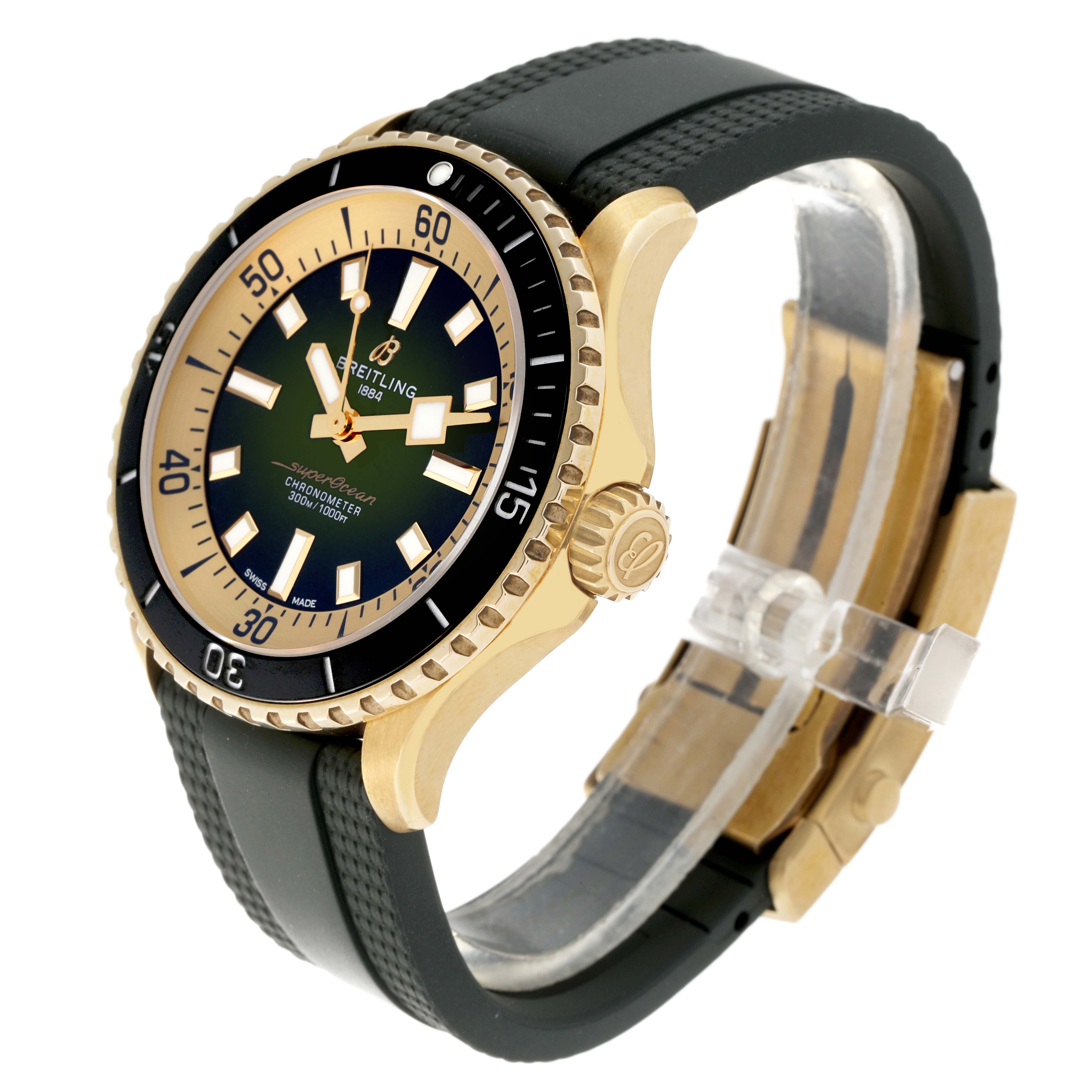 The image shows a Breitling Superocean N17375 Men
s Yellow Gold Green Dial N17375 Men
s Yellow Gold Green Dial watch from a side angle, displaying its bezel, crown, dial, and strap.