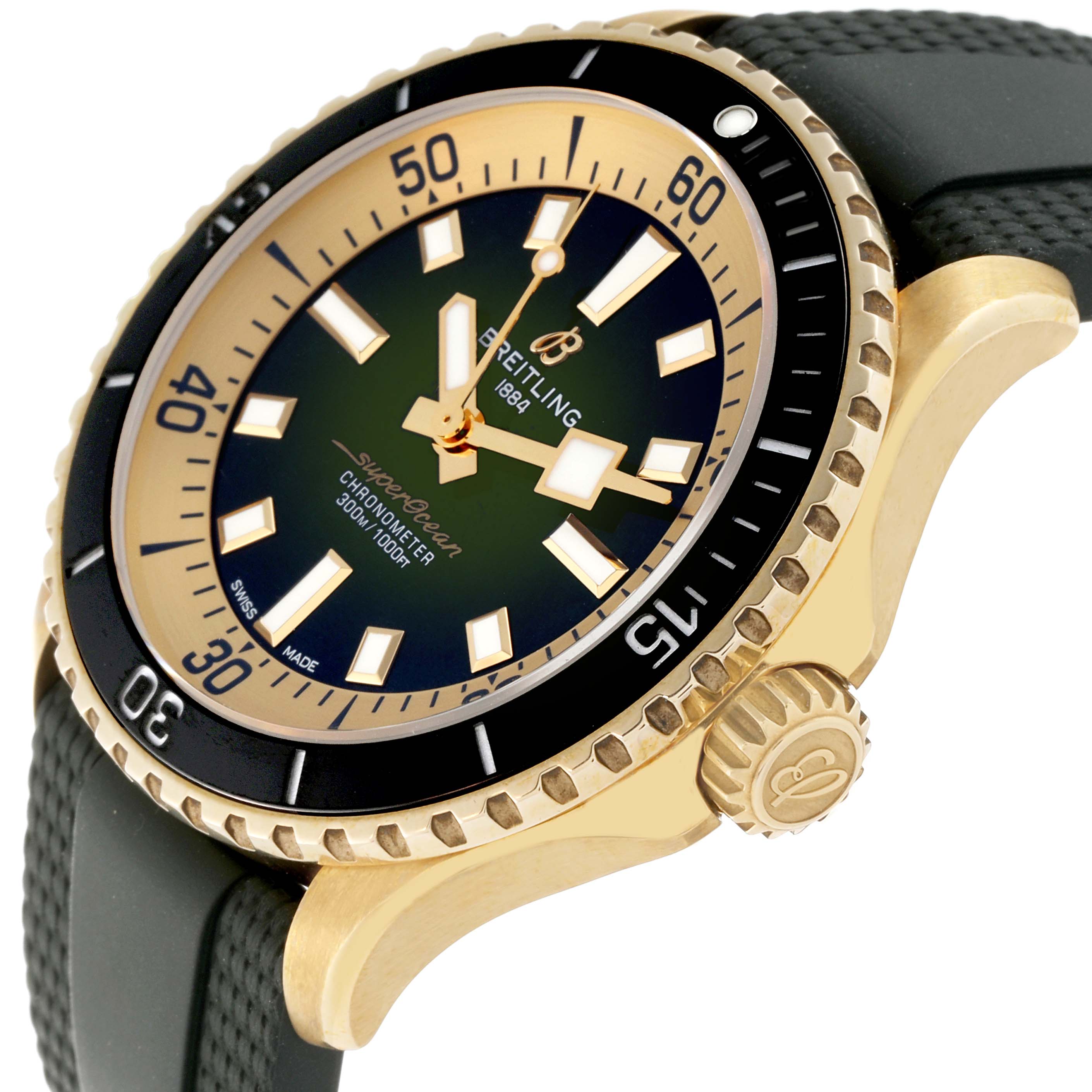 This image shows a close-up, angled view of the Breitling Superocean N17375 Men
s Yellow Gold Green Dial N17375 Men
s Yellow Gold Green Dial watch, highlighting its bezel, crown, and strap.