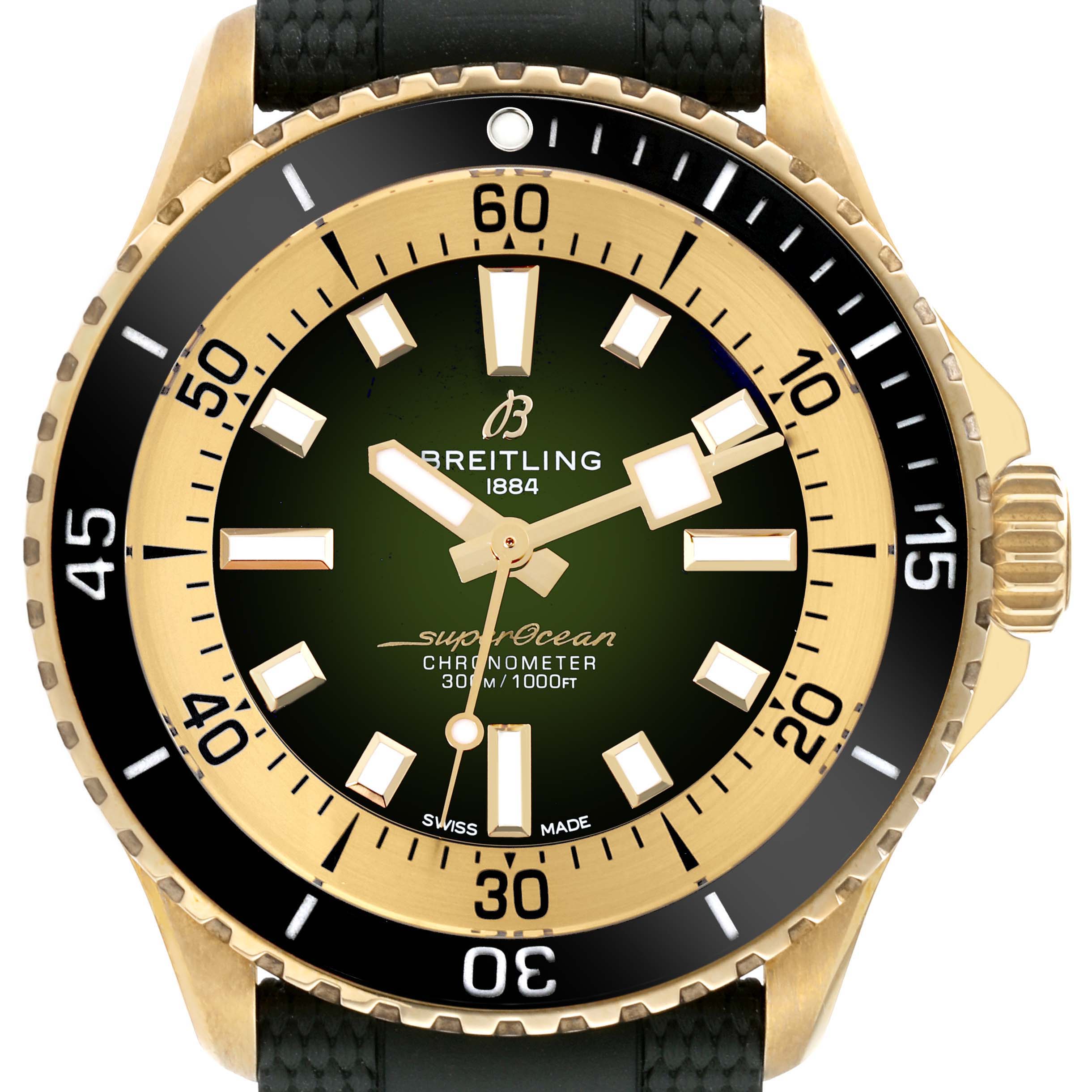 This Breitling Superocean N17375 Men
s Yellow Gold Green Dial N17375 Men
s Yellow Gold Green Dial watch is shown from a top-down angle, highlighting the dial, bezel, hands, and part of the strap.