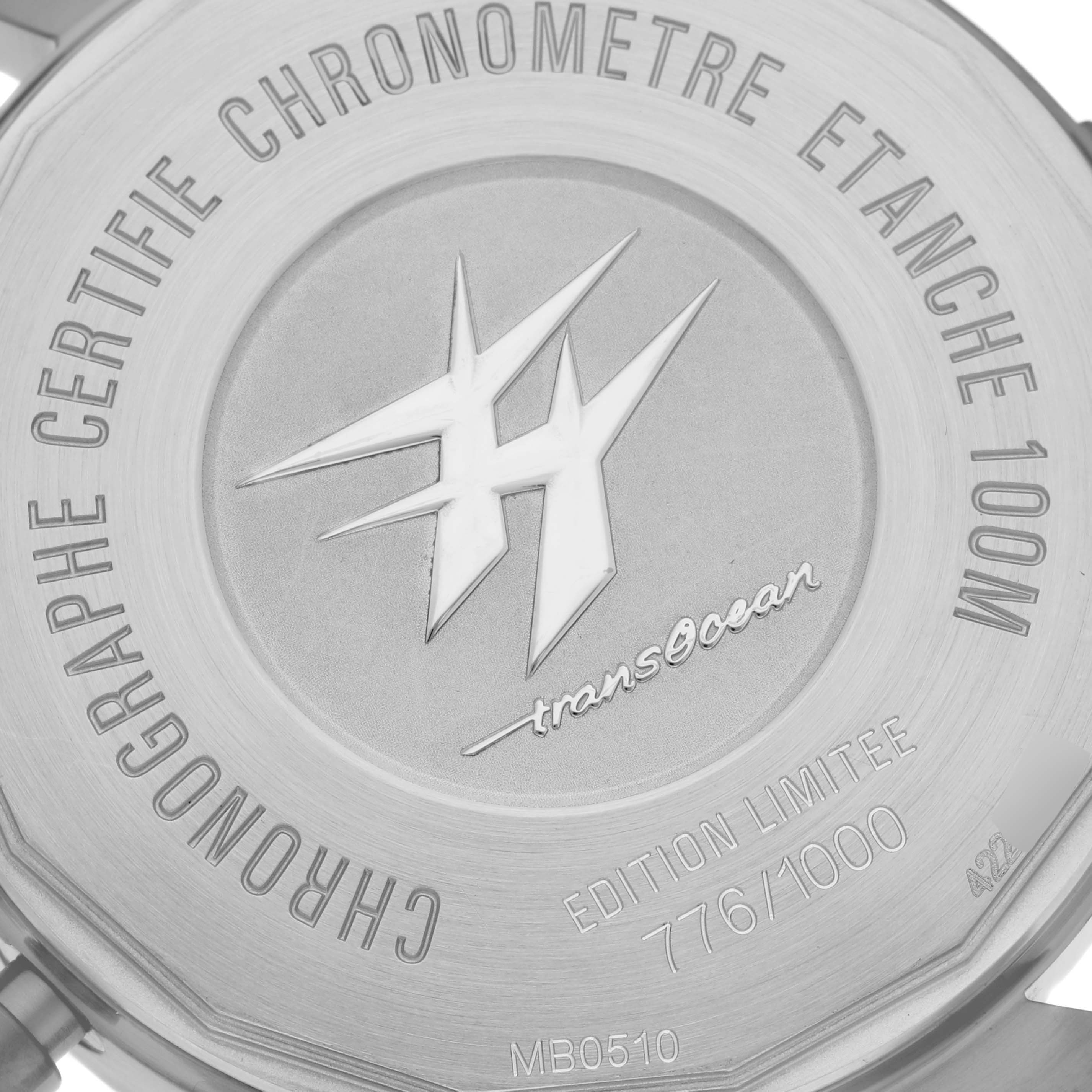 The image shows the back case of the Breitling Transocean MB0510 Men's Stainless Steel Black Dial MB0510 Men's Stainless Steel Black Dial watch with inscriptions indicating model details and specifications.