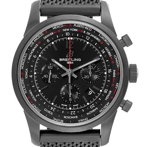 The Breitling Transocean watch is shown from the front, displaying the face, three subdials, and the bezel with world cities.