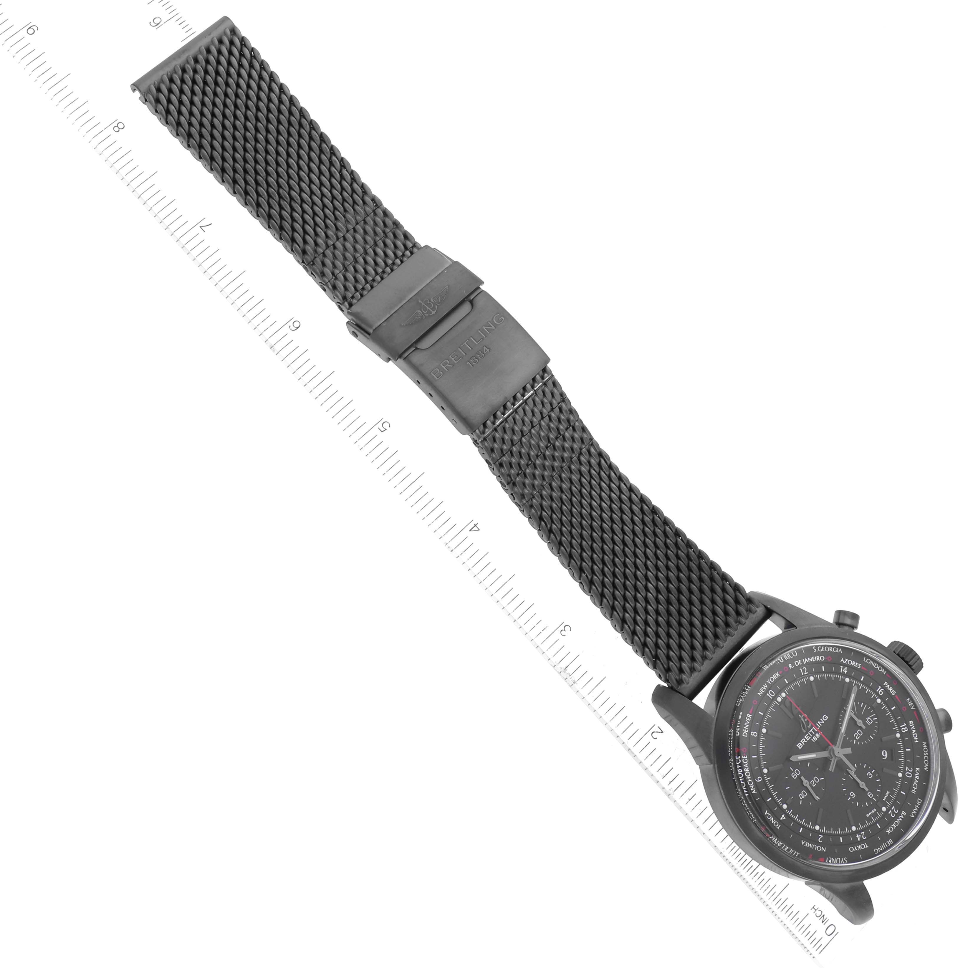 The image shows a top-down view of a Breitling Transocean MB0510 Men's Stainless Steel Black Dial MB0510 Men's Stainless Steel Black Dial watch, highlighting its dial and metal mesh strap with a clasp.
