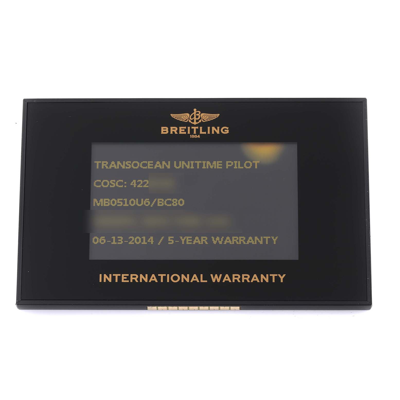 The image shows the warranty card for the Breitling Transocean MB0510 Men's Stainless Steel Black Dial MB0510 Men's Stainless Steel Black Dial Unitime Pilot watch, displaying model details and warranty information.