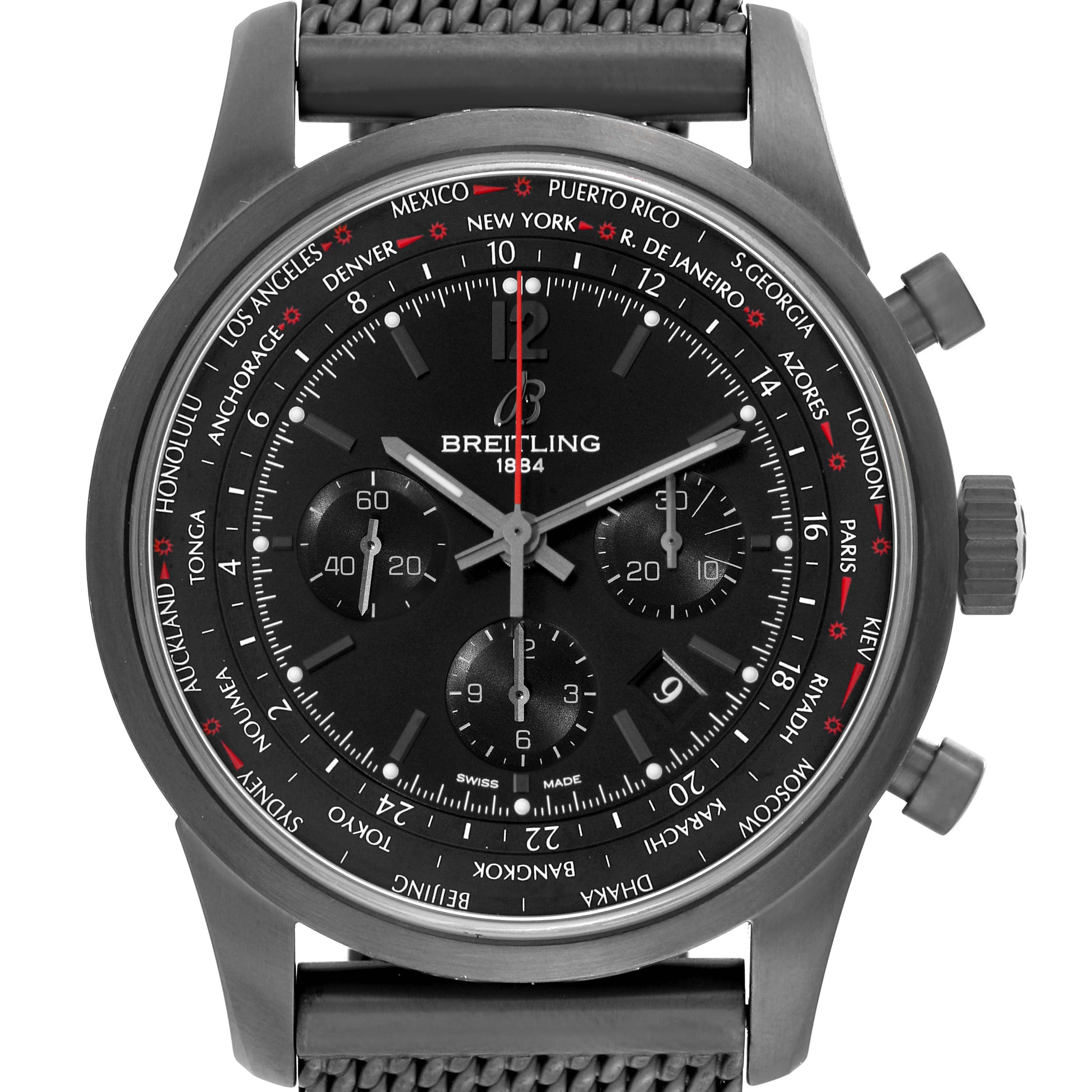 The image shows the front view of a Breitling Transocean MB0510 Men's Stainless Steel Black Dial MB0510 Men's Stainless Steel Black Dial watch, displaying its face, chronograph sub-dials, bezel, and partial strap.