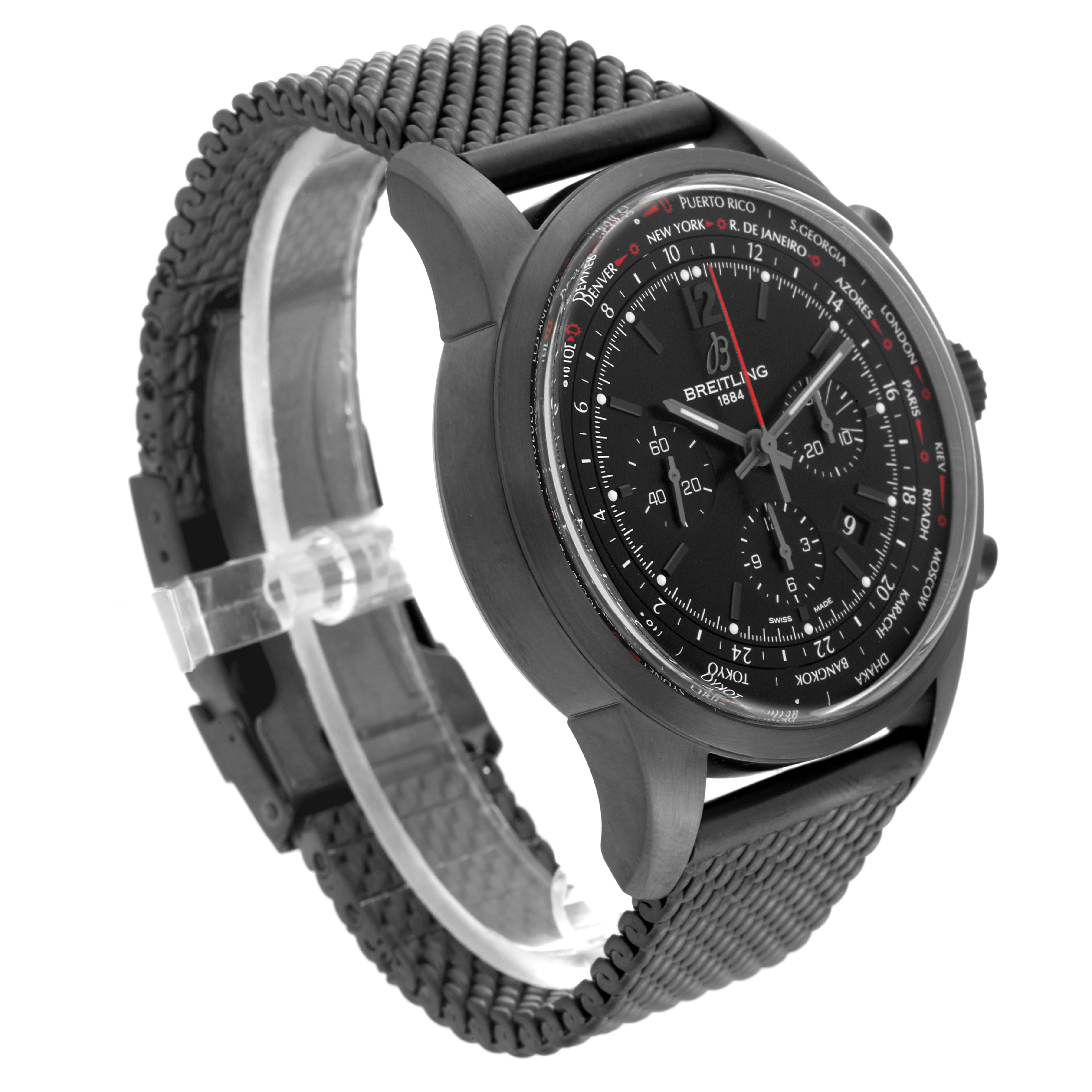 The Breitling Transocean MB0510 Men's Stainless Steel Black Dial MB0510 Men's Stainless Steel Black Dial watch is shown at an angle highlighting its dial, case, and textured strap.