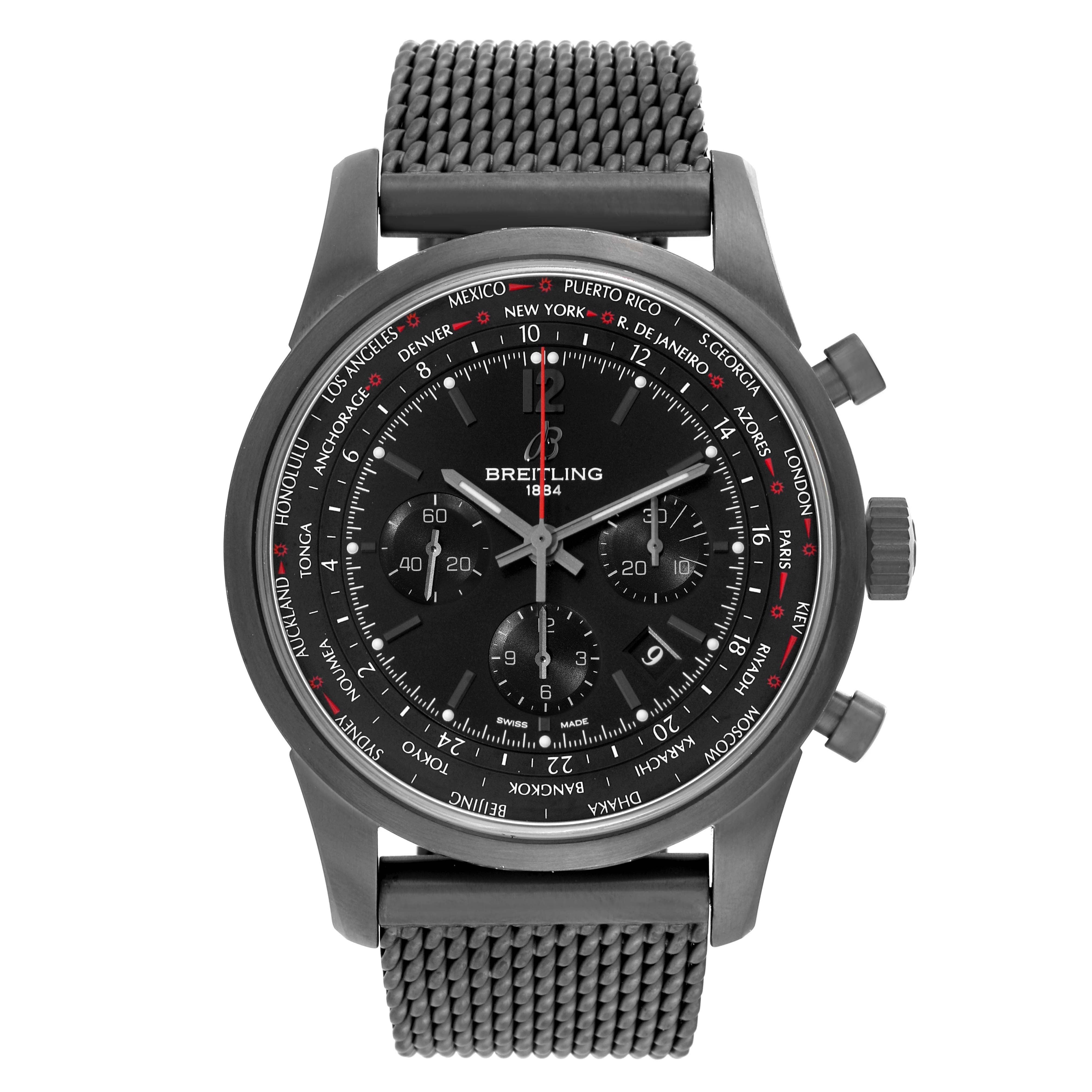 The image shows a front view of the Breitling Transocean MB0510 Men's Stainless Steel Black Dial MB0510 Men's Stainless Steel Black Dial watch, highlighting the dial, bezel, and mesh strap.