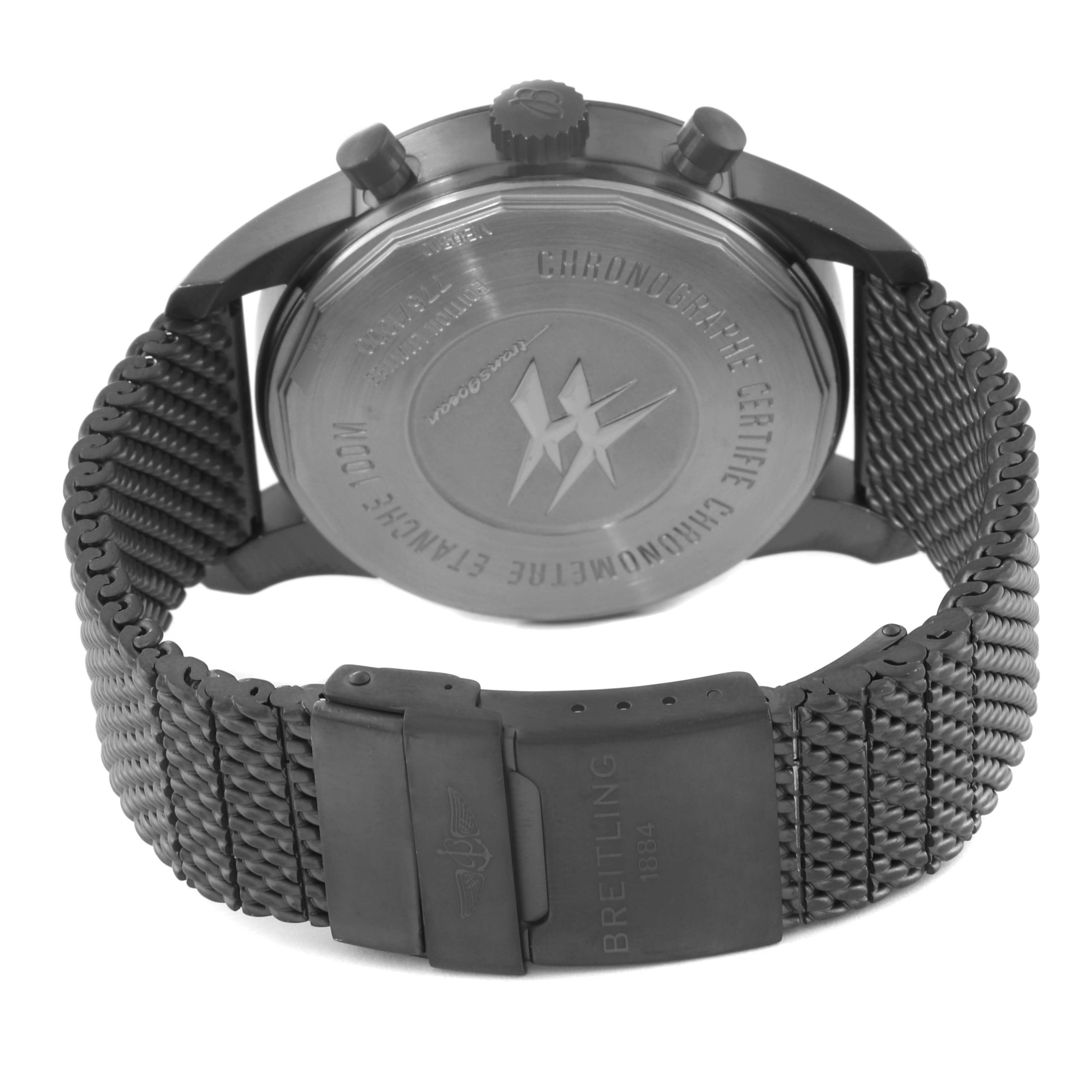 This image shows the back case and mesh bracelet of the Breitling Transocean MB0510 Men's Stainless Steel Black Dial MB0510 Men's Stainless Steel Black Dial watch.