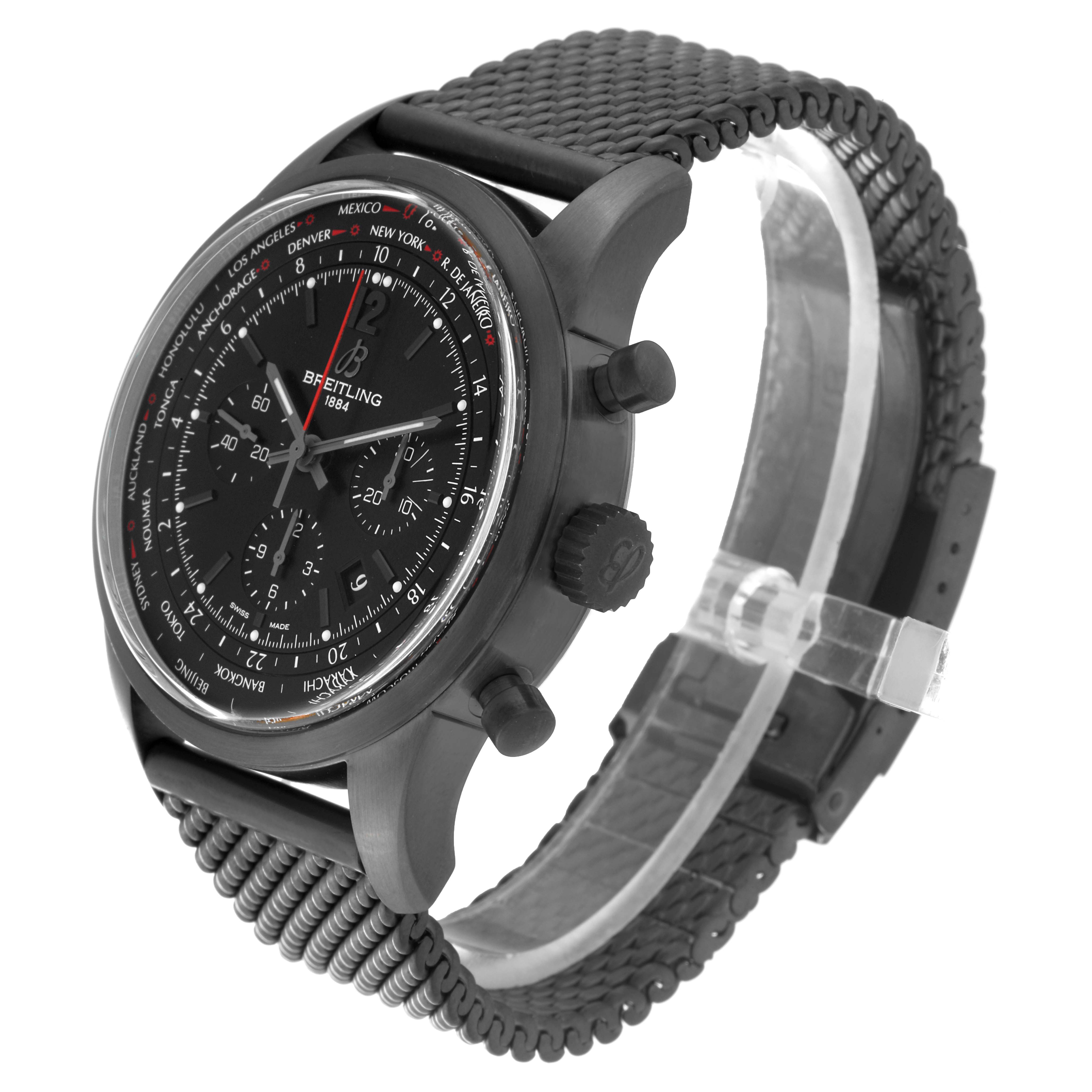 The image shows a Breitling Transocean MB0510 Men's Stainless Steel Black Dial MB0510 Men's Stainless Steel Black Dial watch at a three-quarter angle, highlighting its black dial, chronograph subdials, and textured strap.