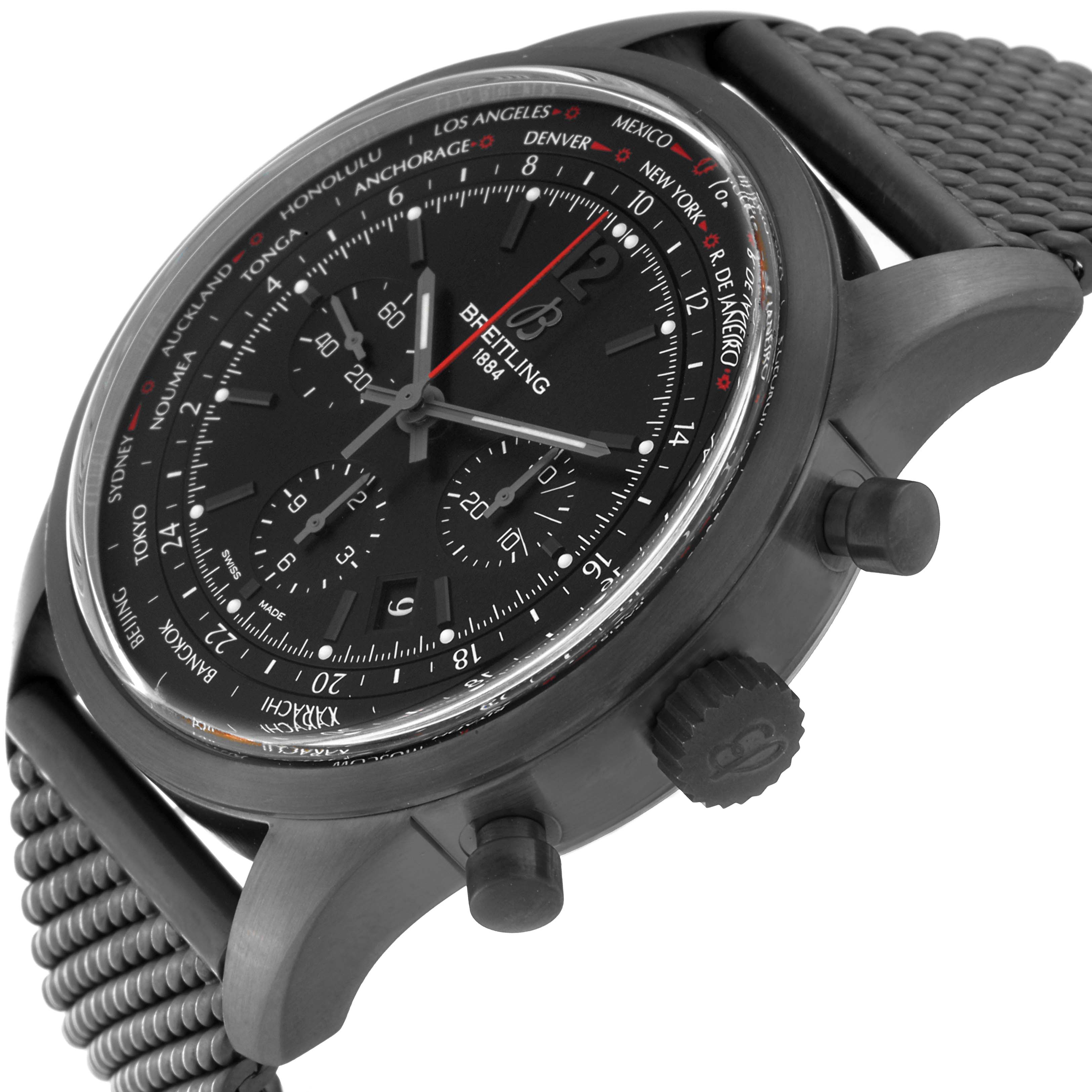 The image shows a side angle of the Breitling Transocean MB0510 Men's Stainless Steel Black Dial MB0510 Men's Stainless Steel Black Dial watch, highlighting the face, bezel, crown, pushers, and a portion of the mesh strap.