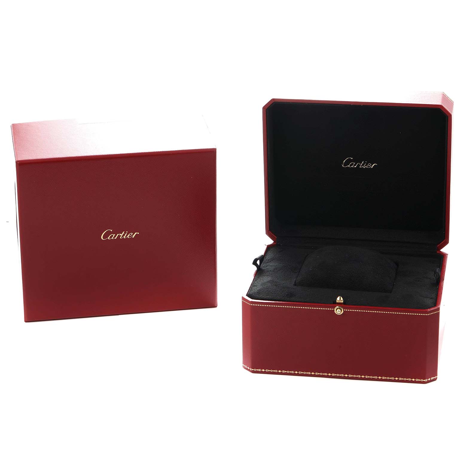 The image shows the Cartier Ballon Bleu model WE902055 watch
s packaging with its open and closed red boxes.