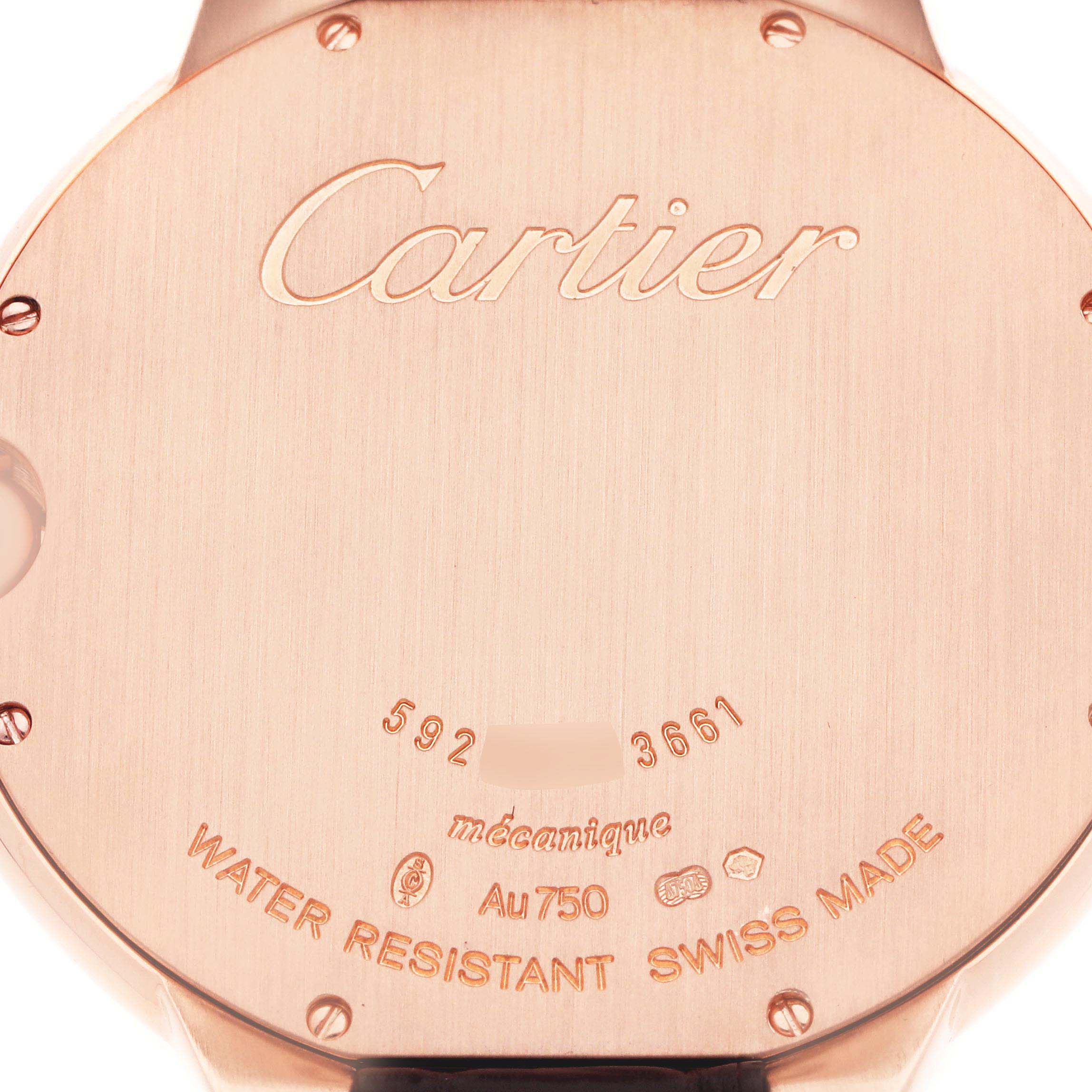 The image shows the back of the Cartier Ballon Bleu watch, model WE902055, featuring engravings like "Cartier," "mécanique," and "WATER RESISTANT SWISS MADE."