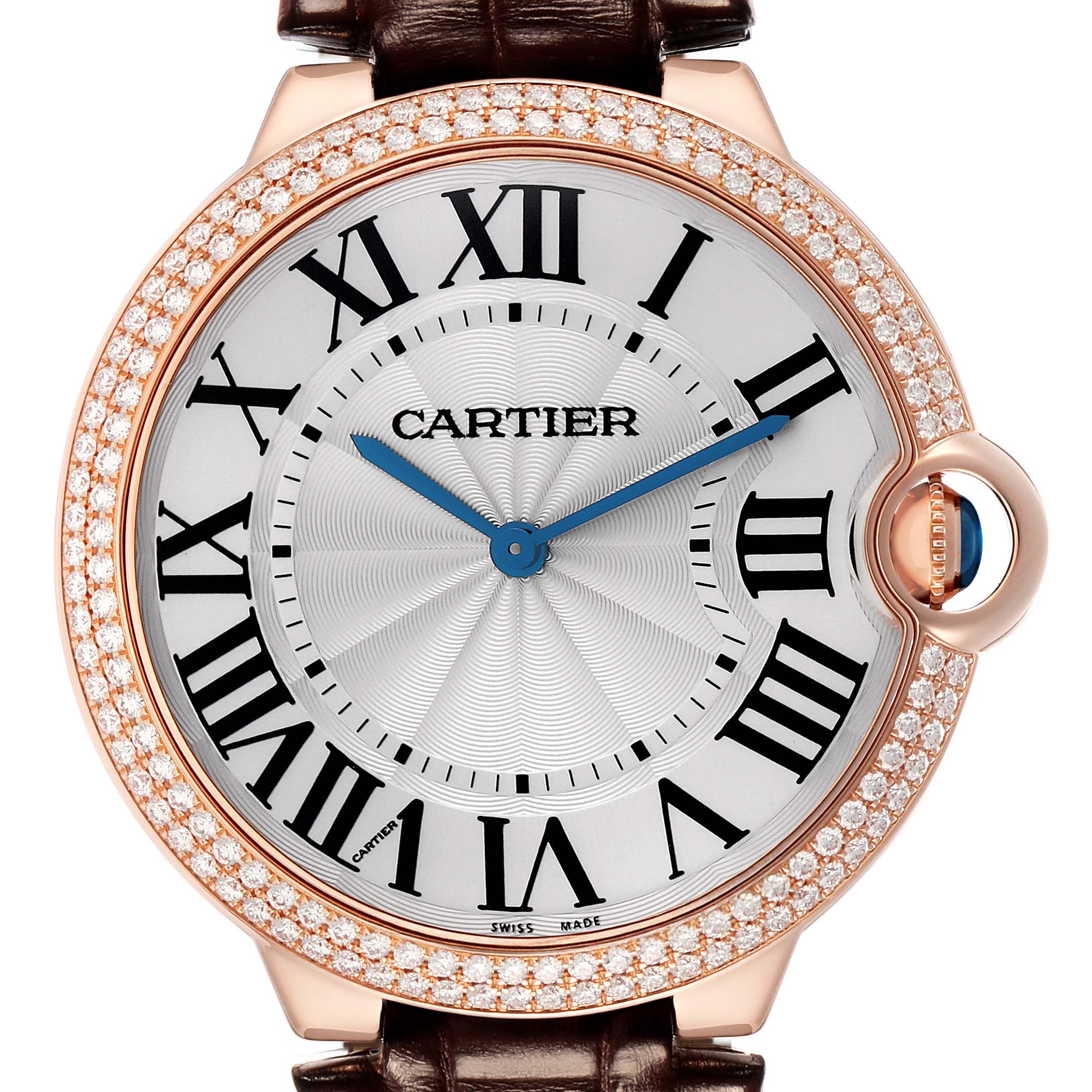 This image shows a Cartier Ballon Bleu model WE902055 watch face, highlighting the Roman numerals, blue hands, diamond bezel, and part of the leather strap.