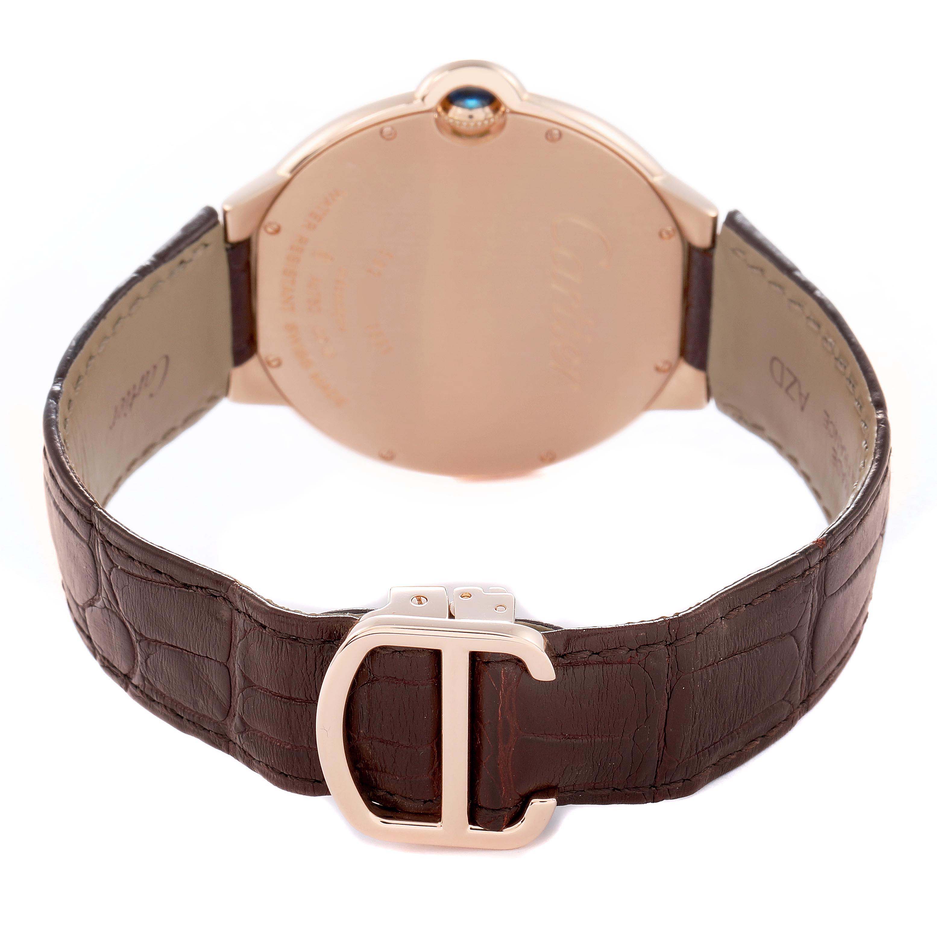 The Cartier Ballon Bleu WE902055 men
s watch is shown from the back, highlighting its case, leather strap, and deployment clasp.