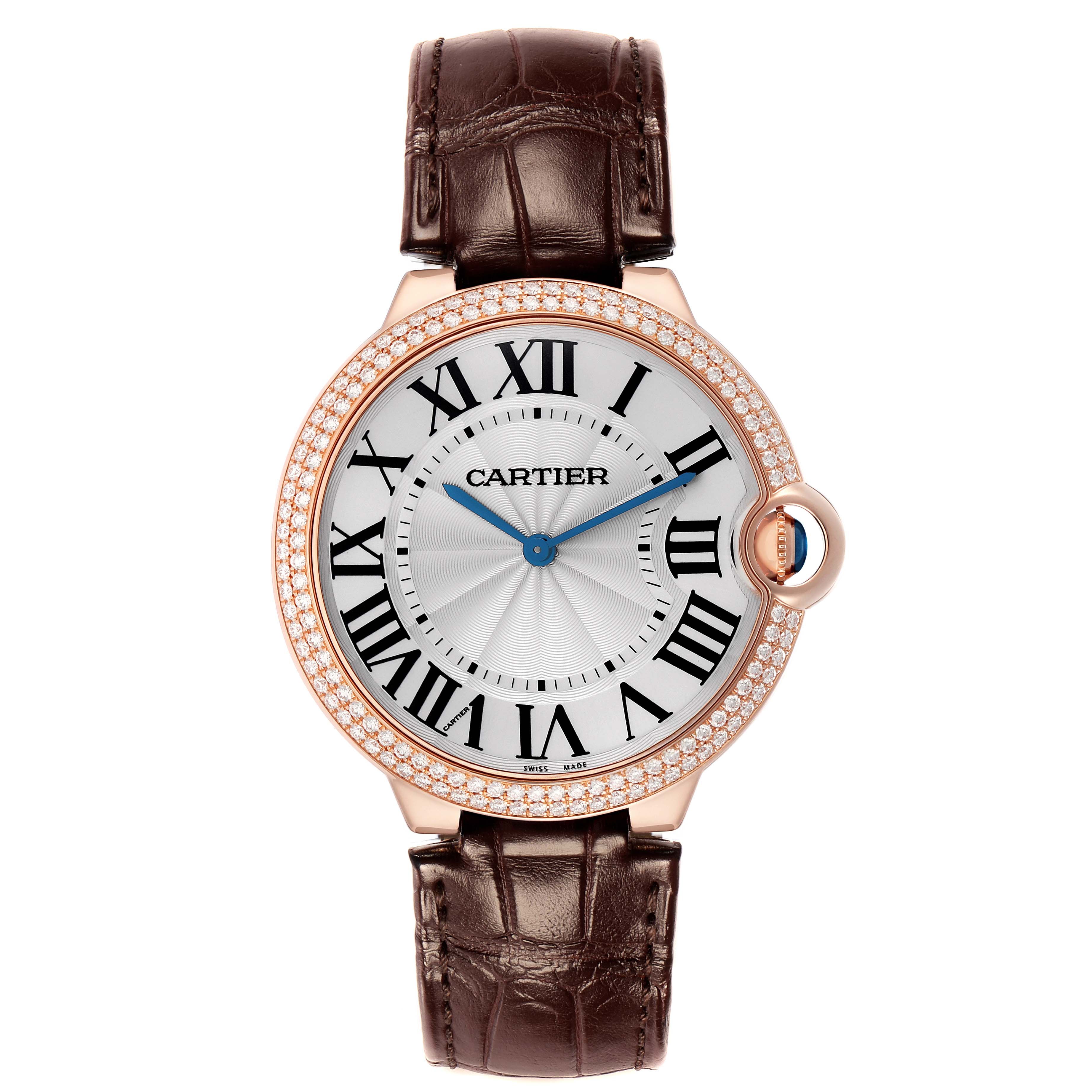 The Cartier Ballon Bleu model WE902055 men
s watch is shown from the front, showcasing the dial, Roman numerals, blue hands, diamond bezel, and leather strap.